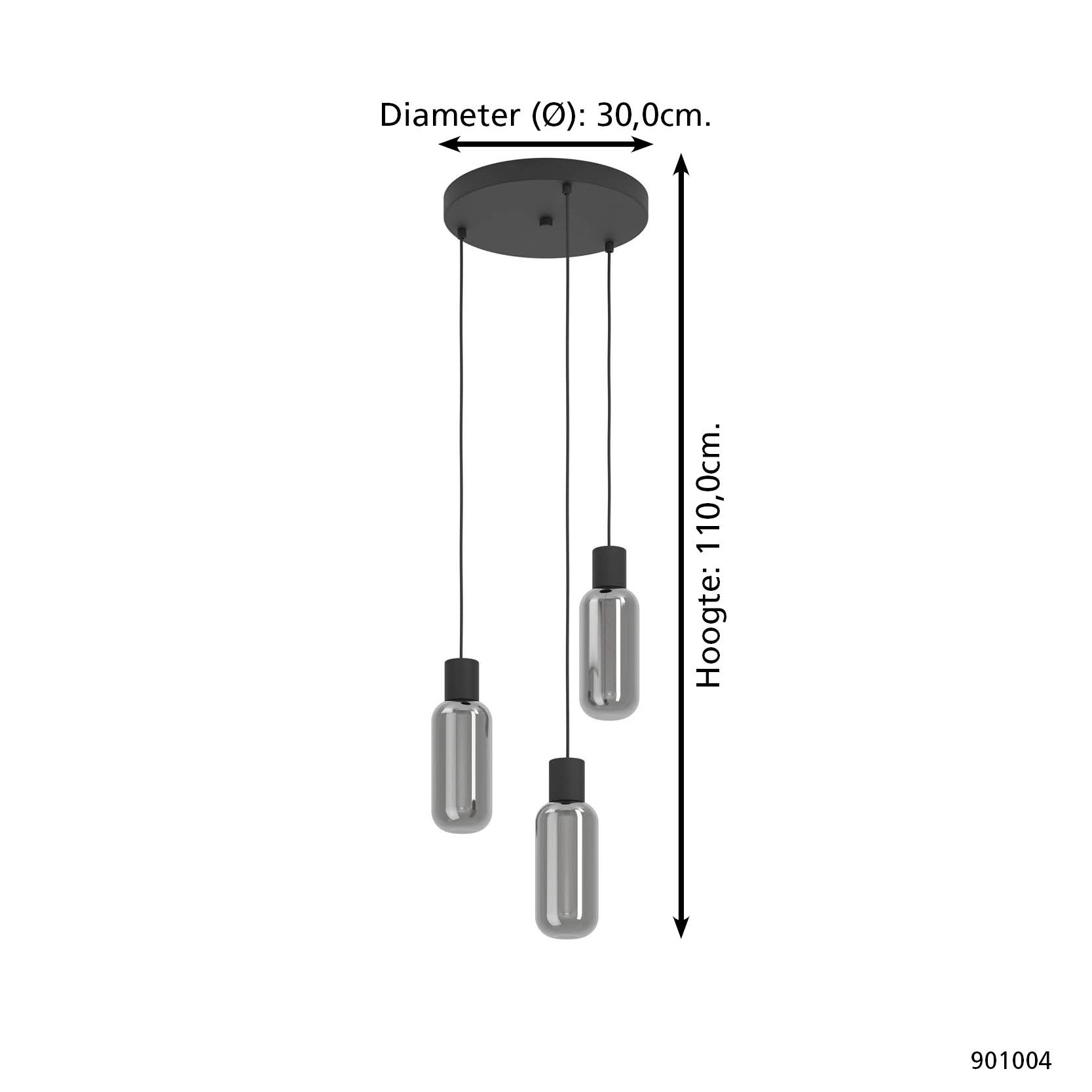 Una moderna lampada a sospensione nera con tre lampadine cilindriche argentate appese a una base circolare.