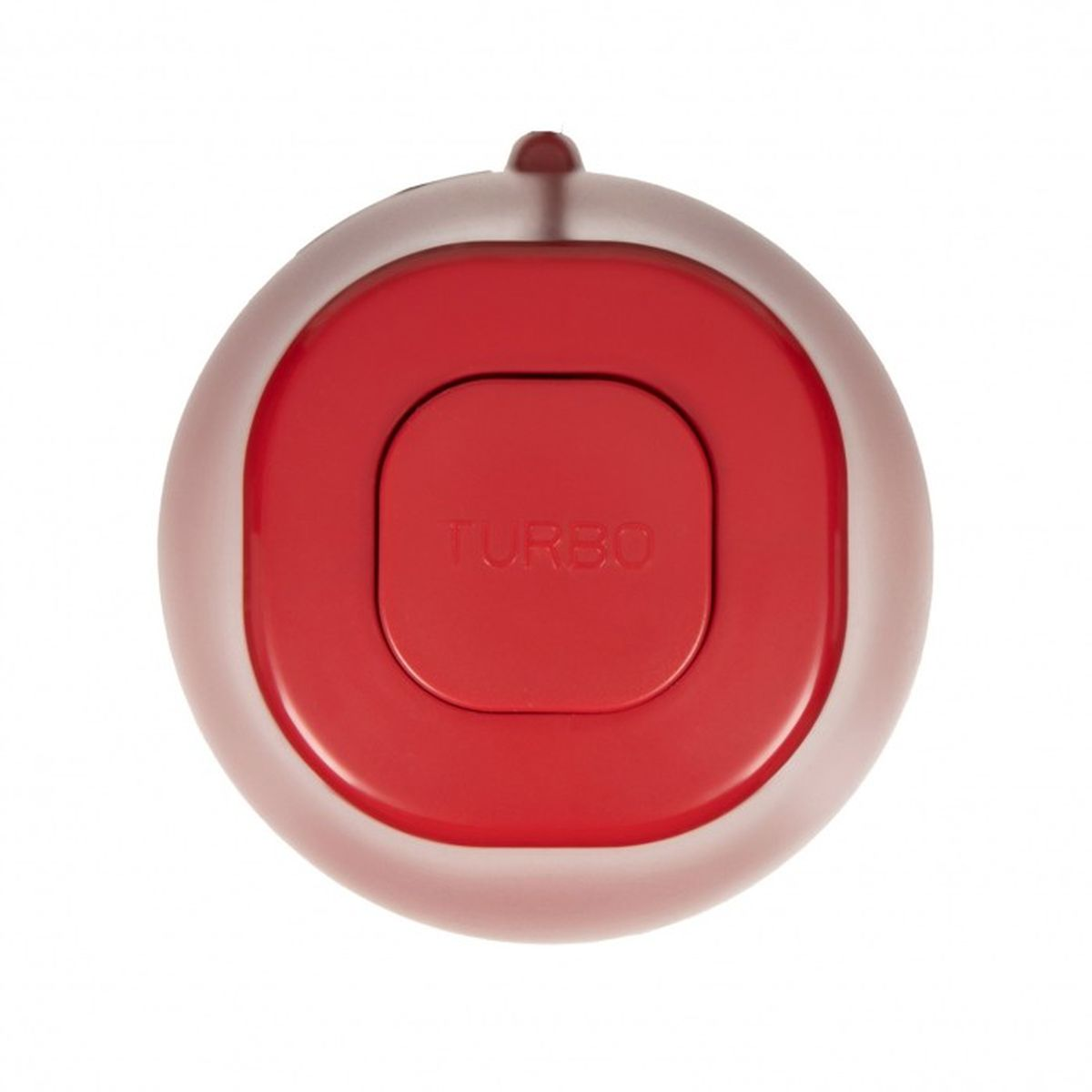 Ein roter und weißer runder Knopf mit dem Wort "TURBO" darauf. Der Knopf hat eine erhöhte Mitte und eine kleine, abgerundete Spitze.