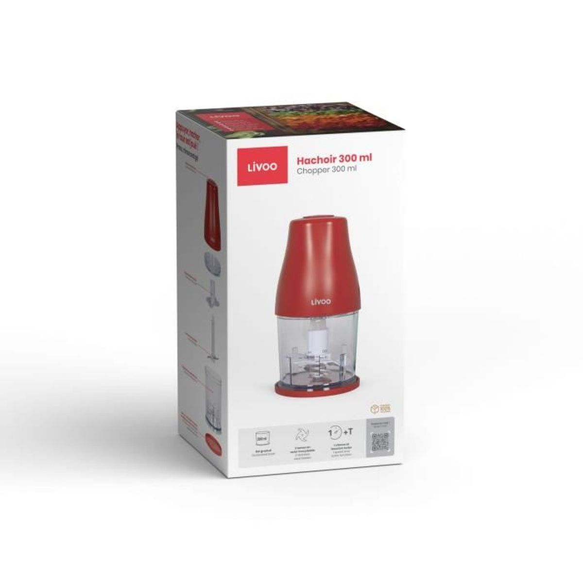 Eine verpackte rote und transparente Livoo 300 ml Küchenmaschine. Die Box zeigt das Produkt und seine Bestandteile. Der Hintergrund ist weiß.