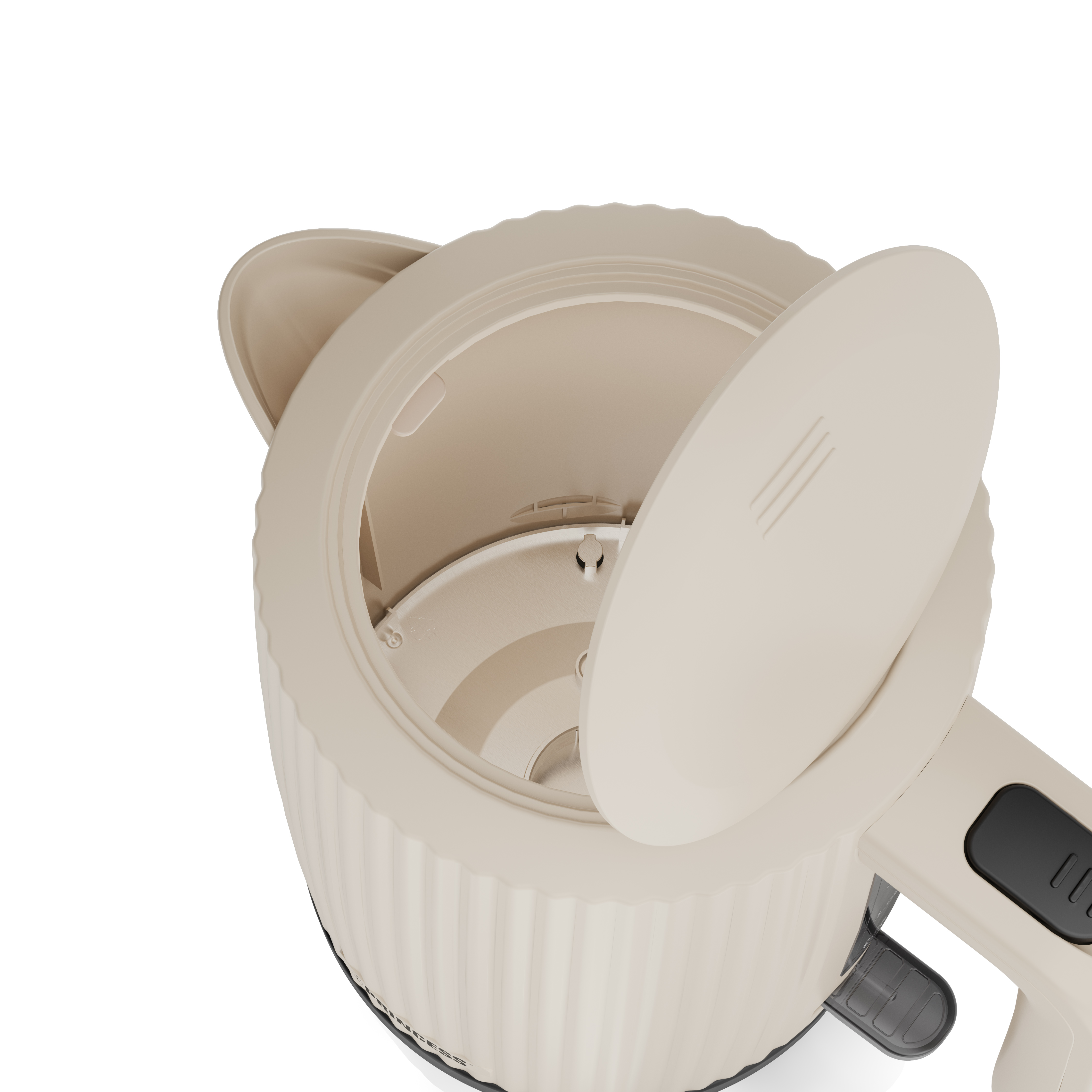 Beżowy czajnik elektryczny, otwartą pokrywą, pokazujący wnętrze. Widoczny uchwyt i pokrywa. Białe tło.