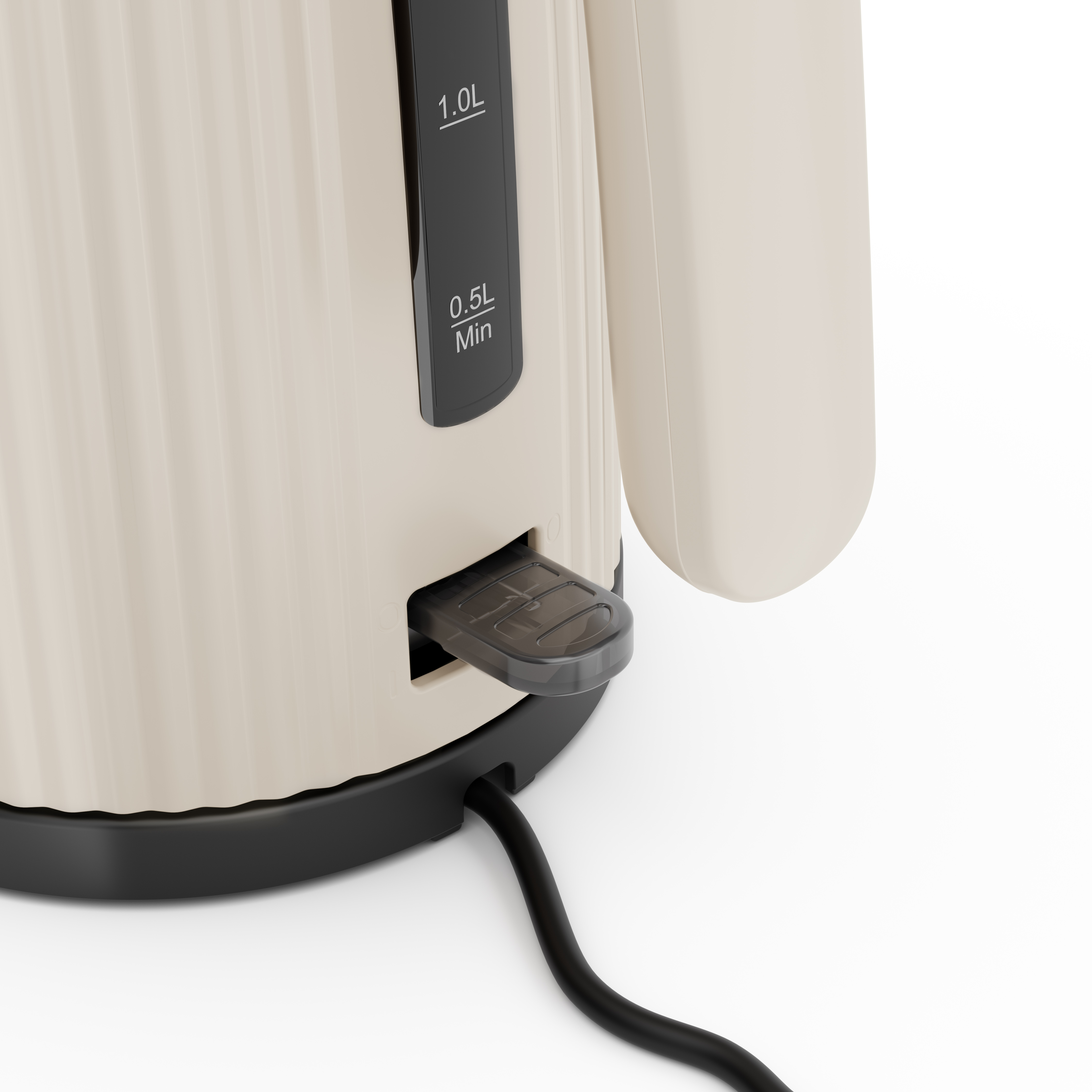 Zbliżenie kremowego czajnika elektrycznego z czarną podstawą i czarnym przewodem zasilającym.