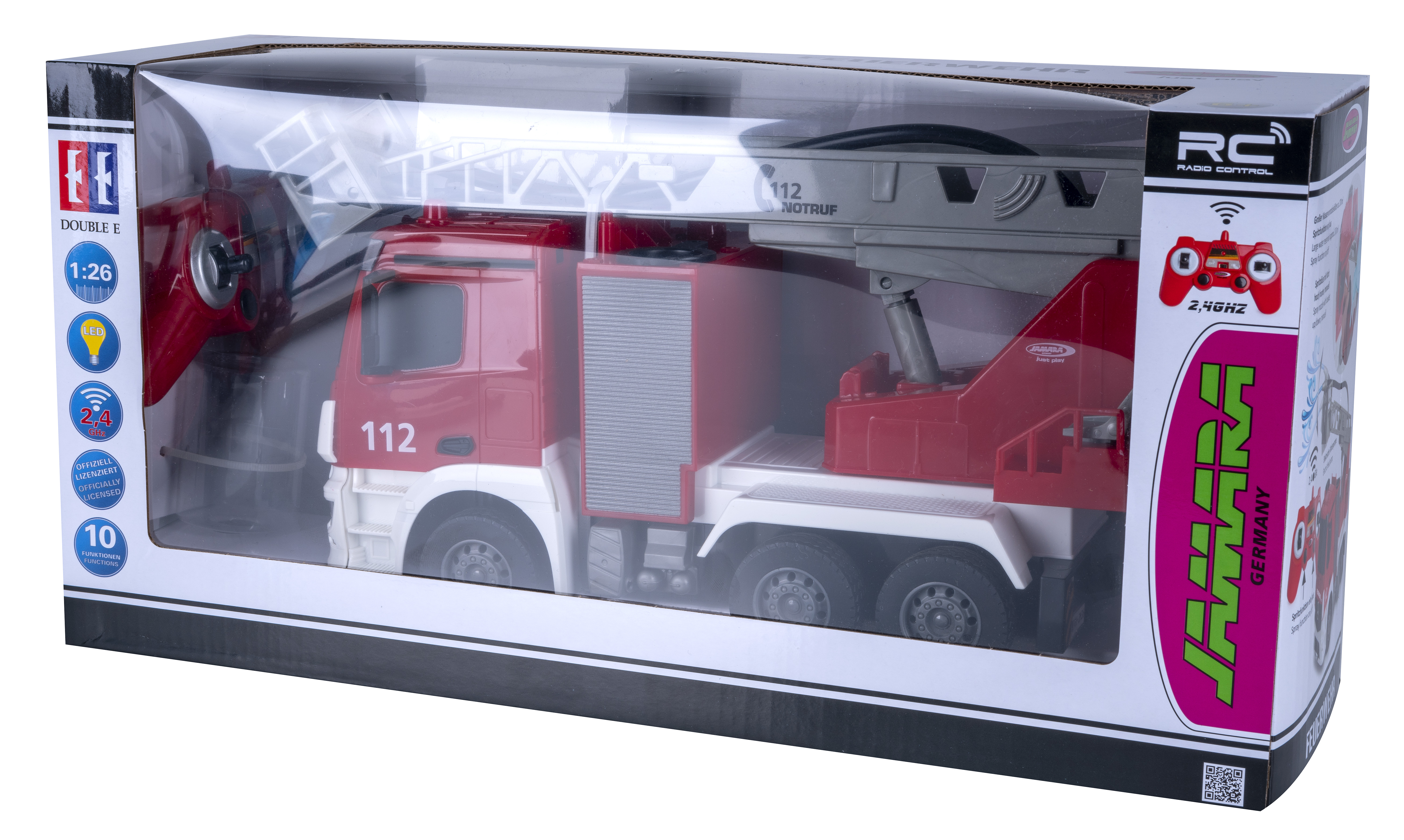 Ein Spielzeugfeuerwehrauto in einer Box. Der LKW ist rot und weiß mit einer Leiter. Die Box enthält Informationen zum Spielzeug.
