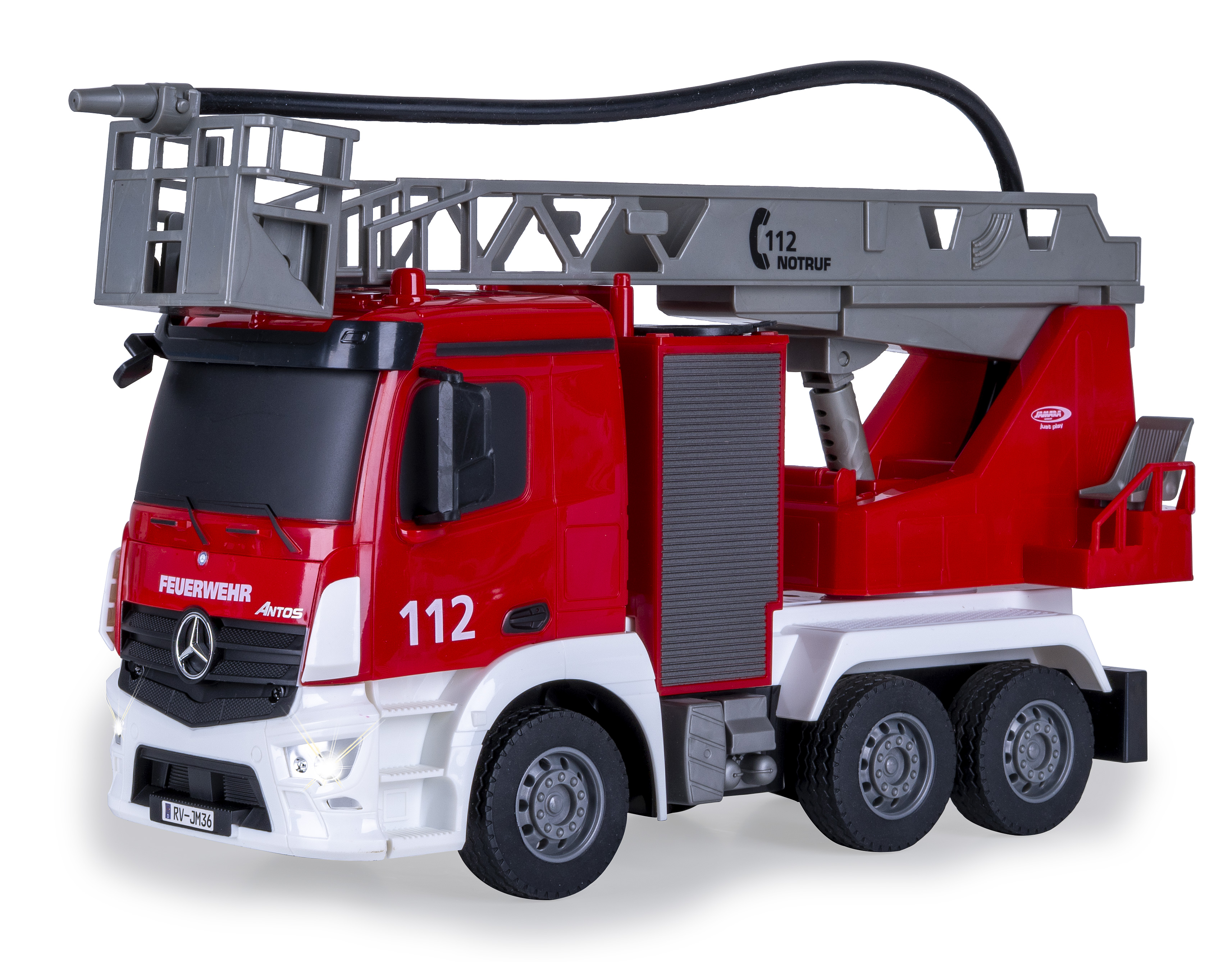 Ein rotes und weißes Spielzeug-Feuerwehrfahrzeug mit Leiter, der Nummer 112 und dem Wort Feuerwehr.