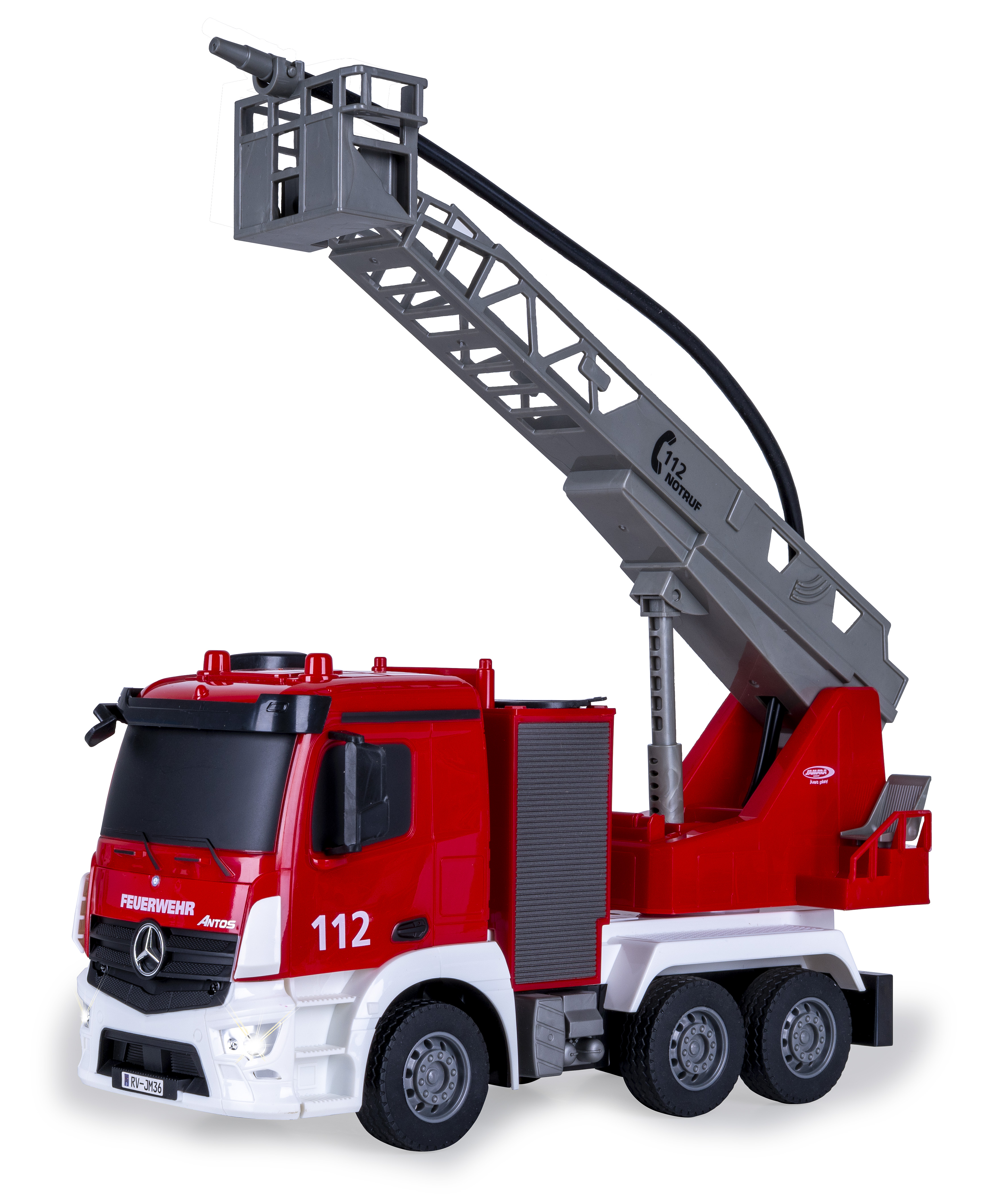 Ein rotes und weißes Spielzeug-Feuerwehrfahrzeug mit einer grauen Ausziehleiter. Es hat die Nummer 112 und das Wort Feuerwehr.