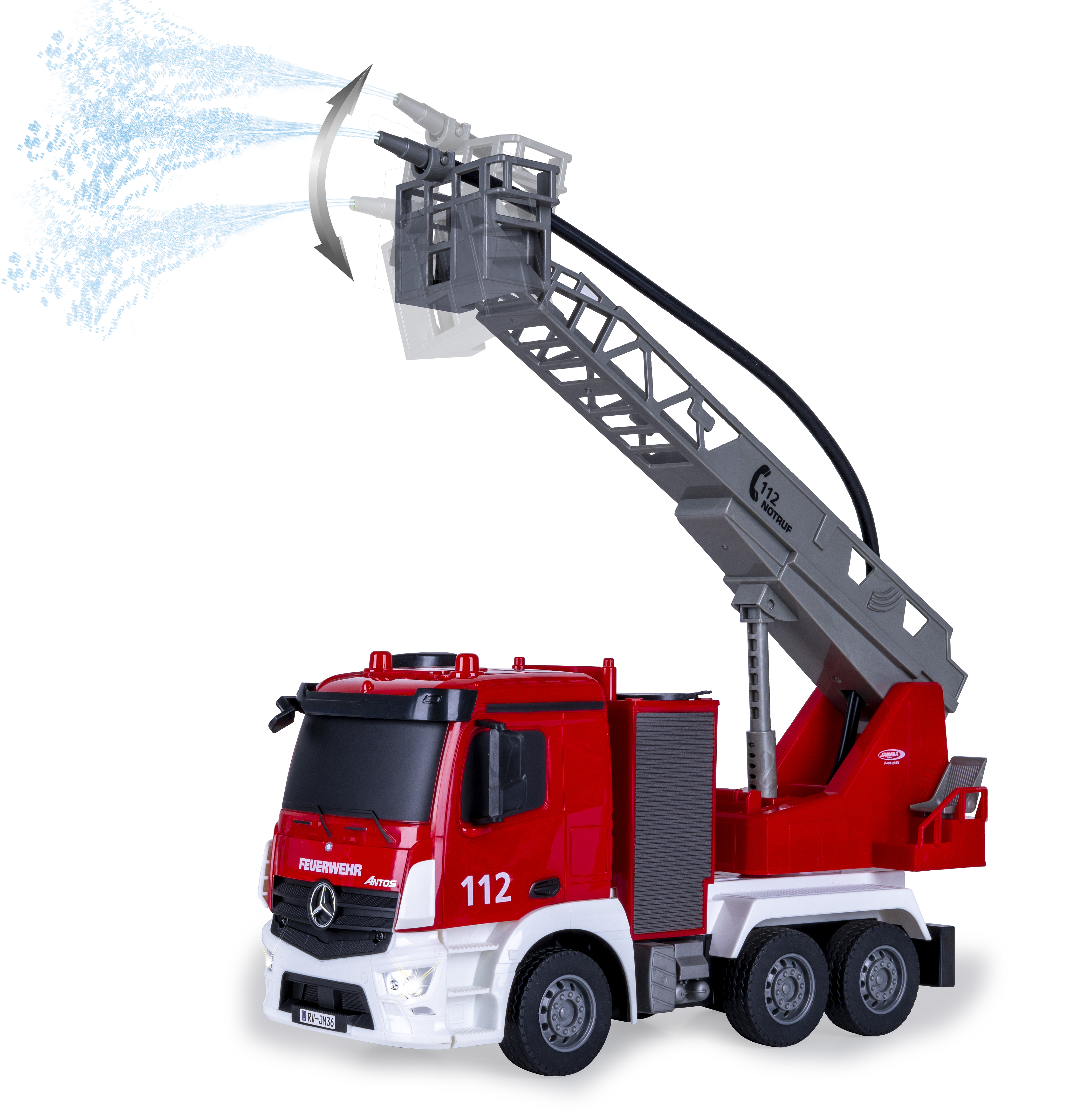 Ein roter und weißer Spielzeug-Feuerwehrwagen mit einer Leiter, die Wasser sprüht. Die Leiter ist grau. Der Truck hat die Nummer 112.