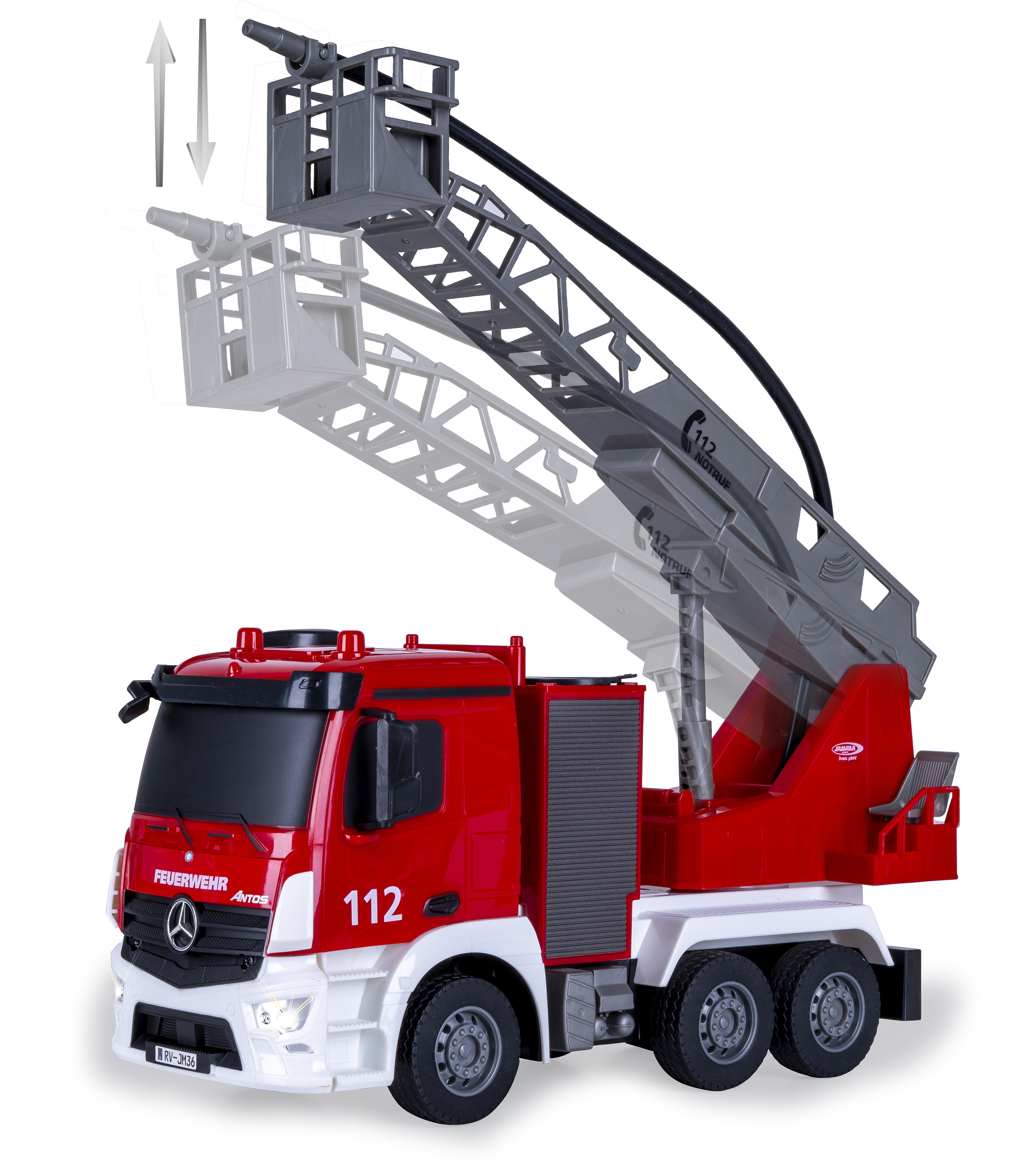 Ein roter und weißer Spielzeugfeuerwehrwagen mit ausziehbarer Leiter. Er hat die Nummer 112 und das Wort Feuerwehr.