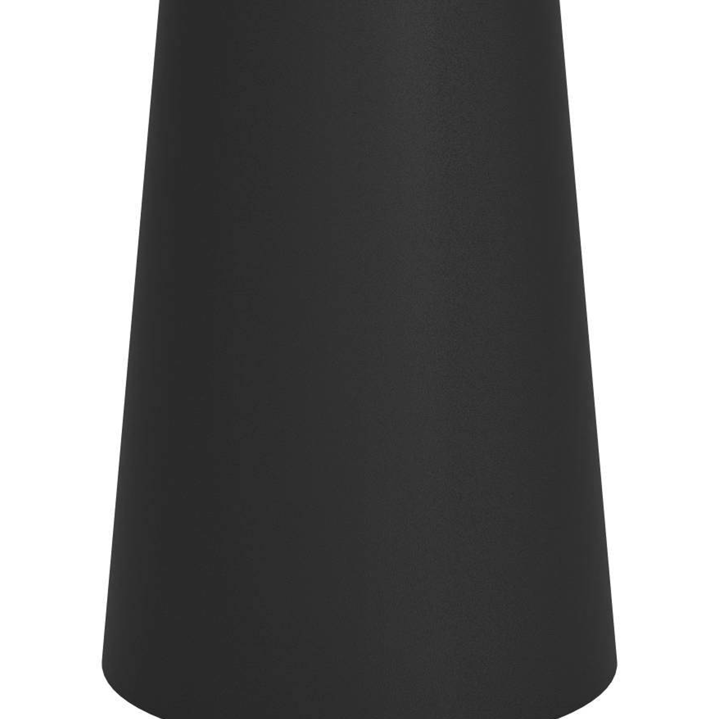 Ein schwarzes, konisches Objekt vor weißem Hintergrund. Es scheint eine Lampe oder Ähnliches mit glatter Oberfläche zu sein.