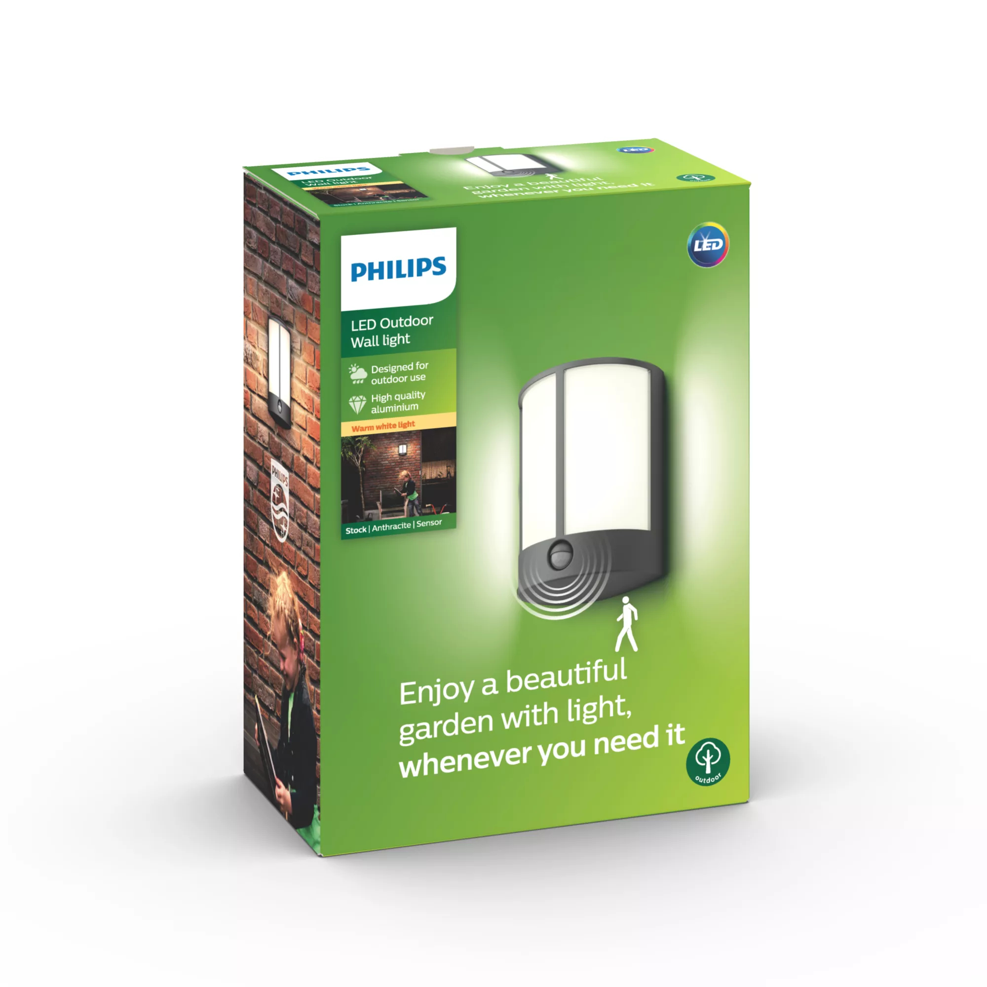 Philips LED-Außenwandleuchte. Die Schachtel ist grün und weiß mit einem Bild der Leuchte und einer Person, die geht.
