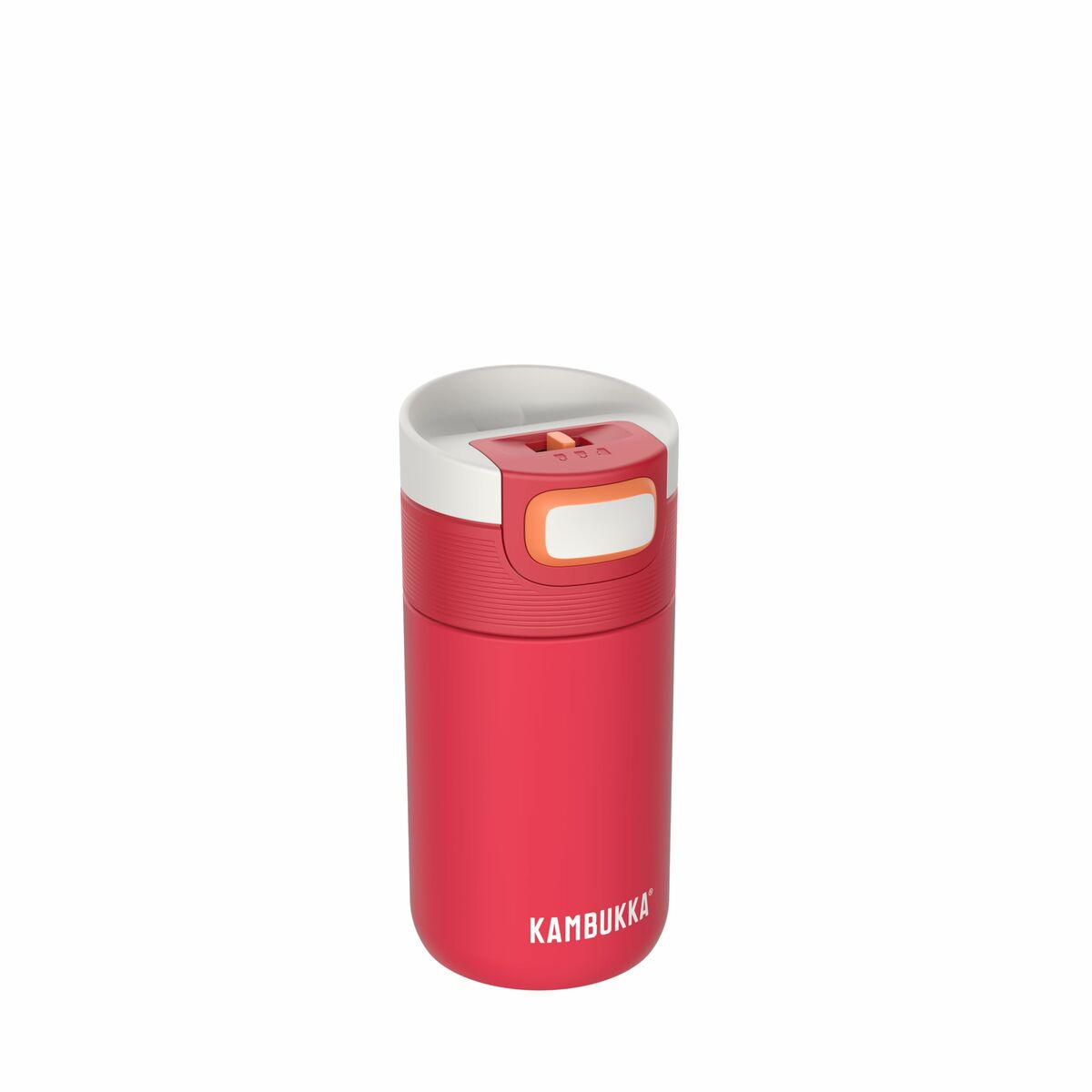 Eine rote Kambukka-Thermosflasche mit weißen und orangen Akzenten. Die Flasche steht aufrecht auf weißem Hintergrund.