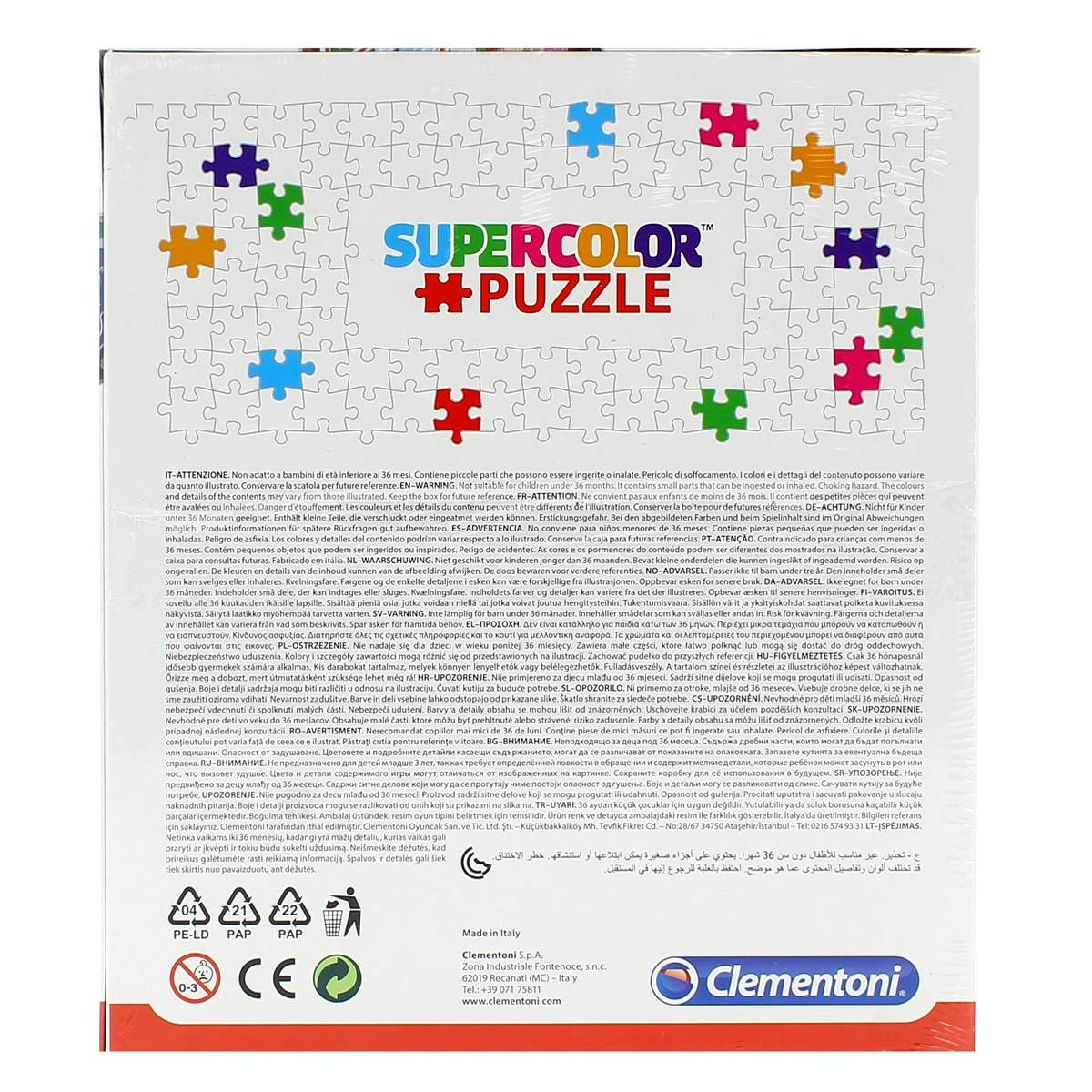 Pudełko z puzzlami z tekstem, wielokolorowy obrazek puzzli i ostrzeżenia.