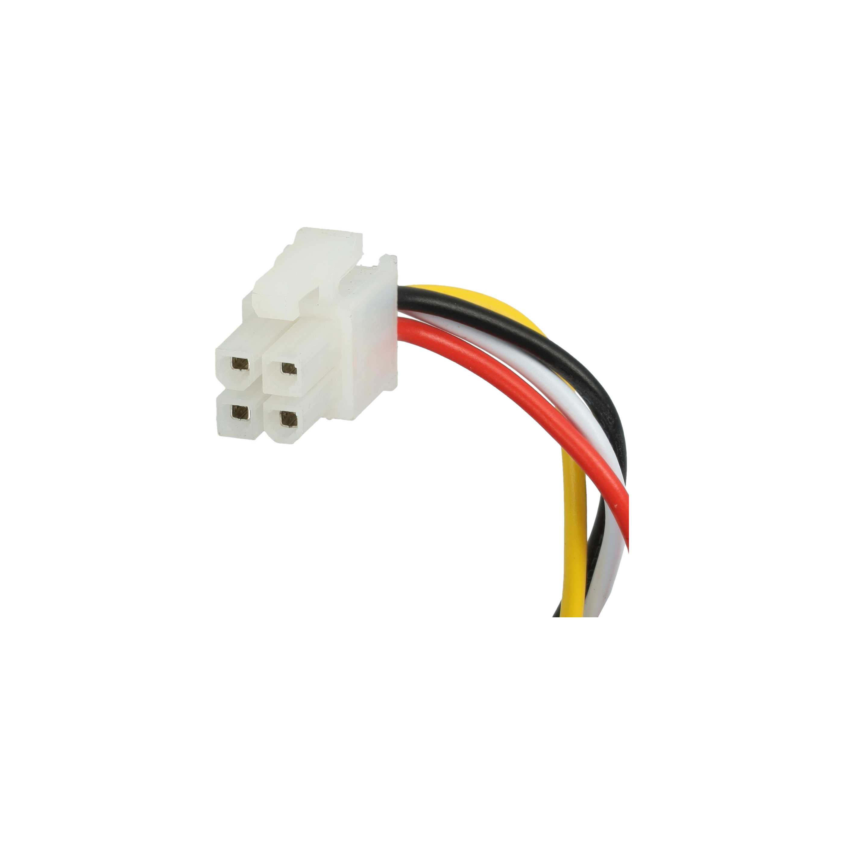 Ein weißer Stecker mit vier Löchern ist an mehrere Drähte angeschlossen: schwarz, gelb, rot und weiß, vor weißem Hintergrund.