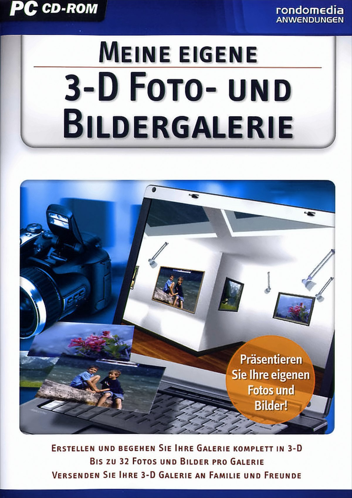 Cover für eine PC-CD-ROM. Es zeigt einen Laptop mit einer 3D-Fotogalerie mit Bildern. Links befindet sich eine Kamera.
