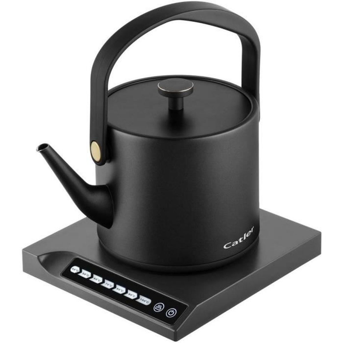 Ein schwarzer Wasserkocher mit Griff und Ausguss steht auf einem grauen Sockel. Die Basis hat Temperatureinstellungen und einen Power-Knopf.