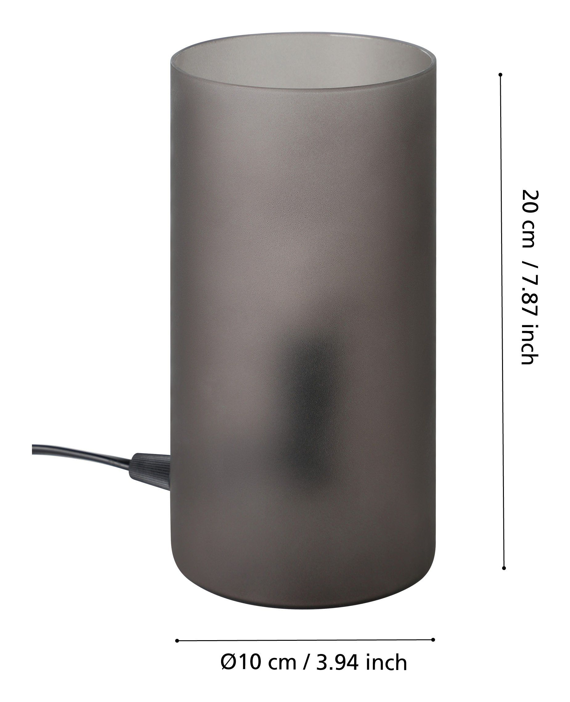 Eine graue zylindrische Lampe mit schwarzem Kabel. Abmessungen sind 20 cm x Ø10 cm. Die Lampe hat ein mattiertes Glas.