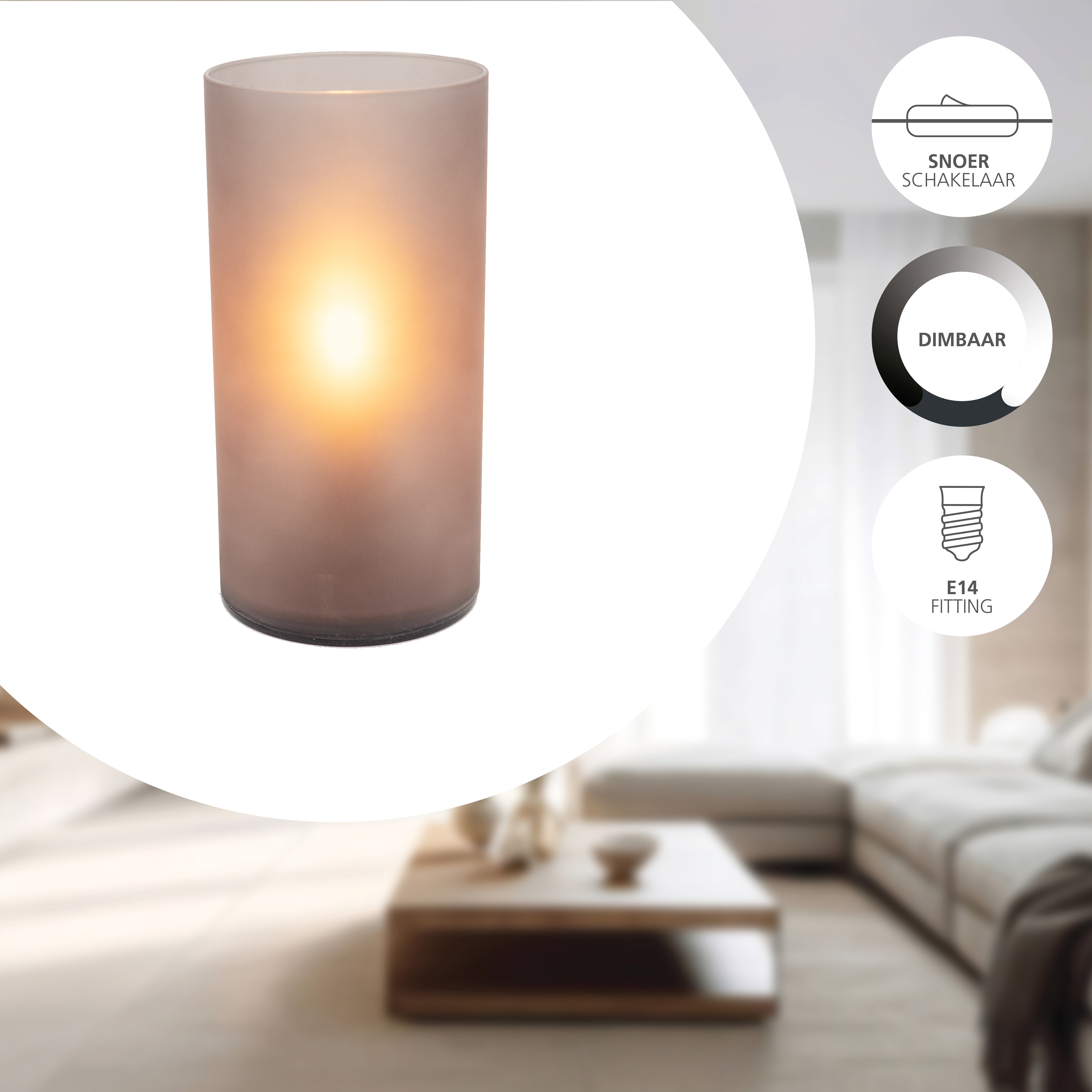 Eine zylindrische Lampe mit glühendem Zentrum, einem weichen braunen Schirm und Symbolen für Dimmbarkeit und E14-Fassung.