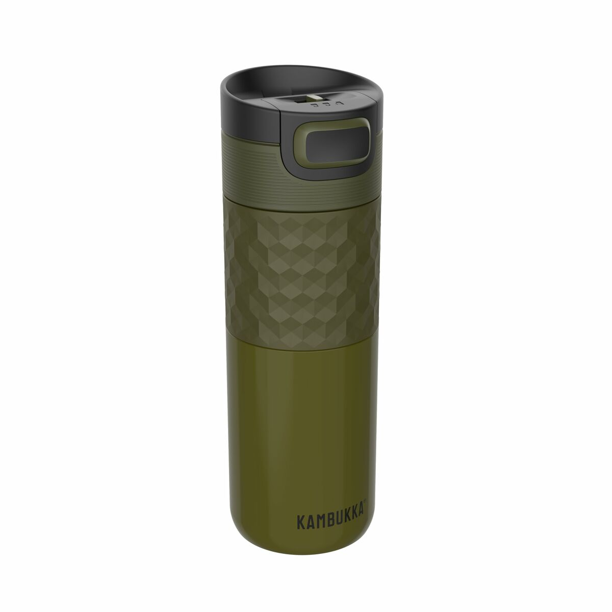 Ein olivgrüner und schwarzer Kambukka-Thermobehälter. Der Becher hat ein geometrisches Muster und der Markenname ist unten sichtbar.