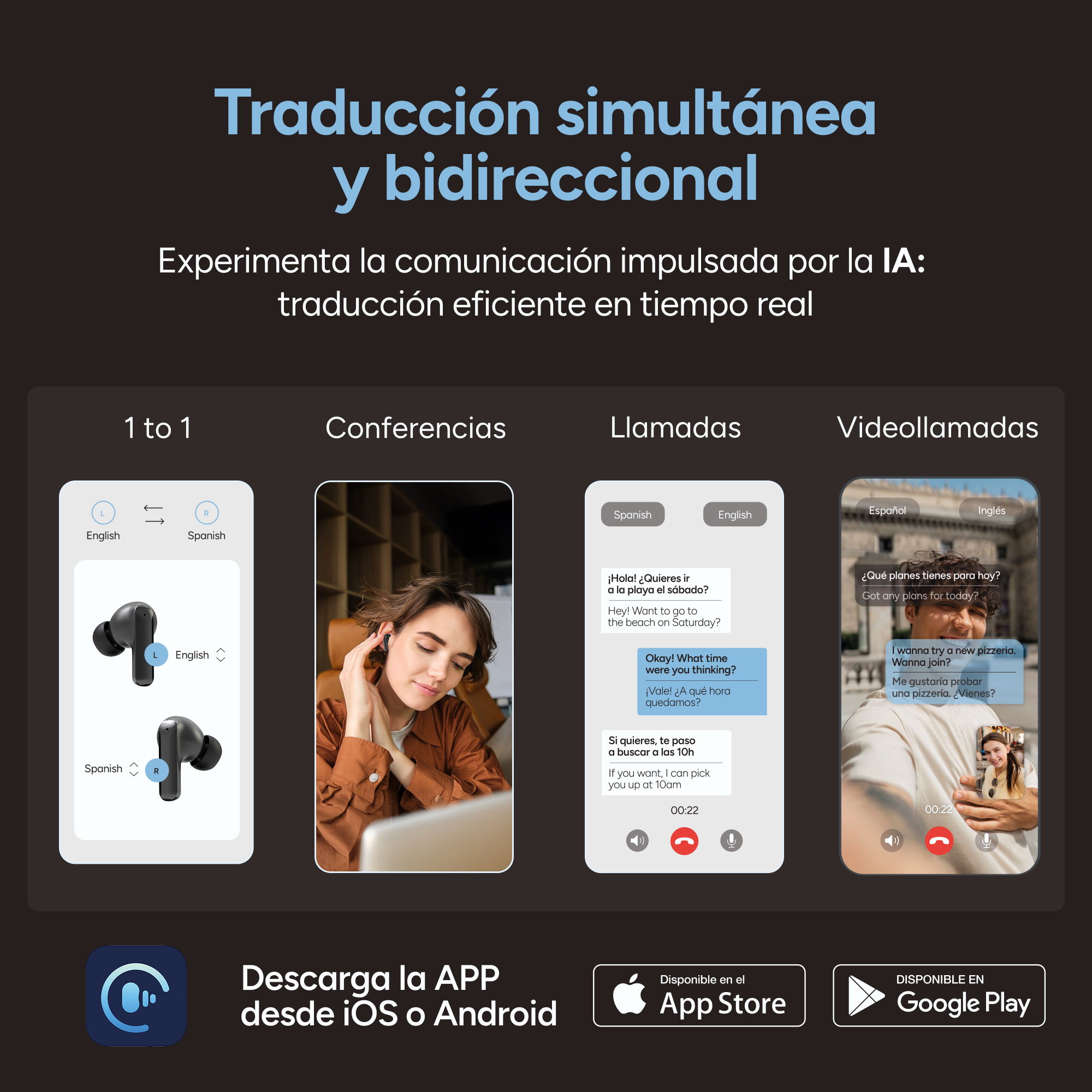 Obraz pokazuje tłumaczenie symultaniczne w aplikacji mobilnej. Wyświetla 1-na-1, konferencje, połączenia i rozmowy wideo z tłumaczeniem.