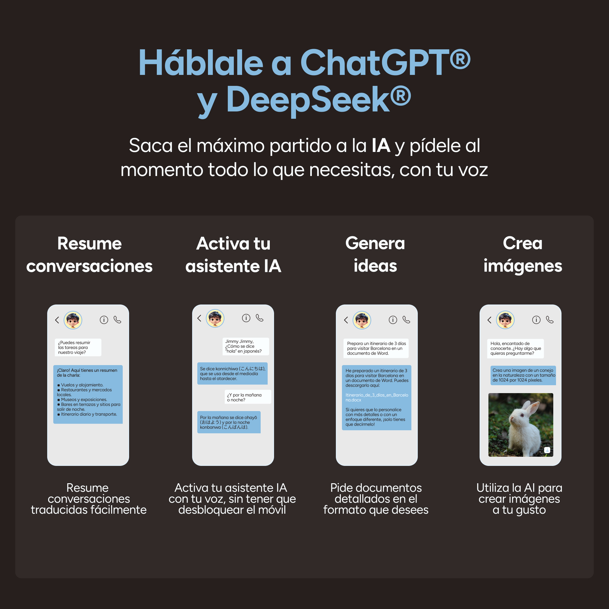 Reklama narzędzi AI. Ciemne tło z białym i niebieskim tekstem, cztery ekrany telefonów.