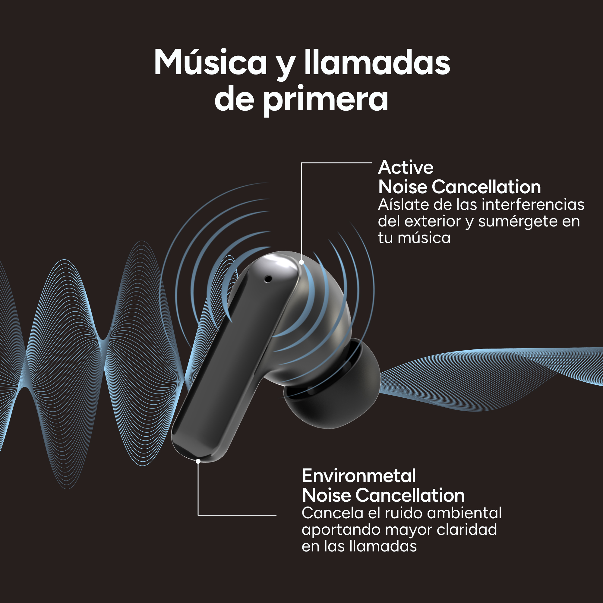 Obrazek przedstawia czarną słuchawkę z funkcją redukcji szumów, z tekstem w języku hiszpańskim. Niebieskie linie faliste w tle.