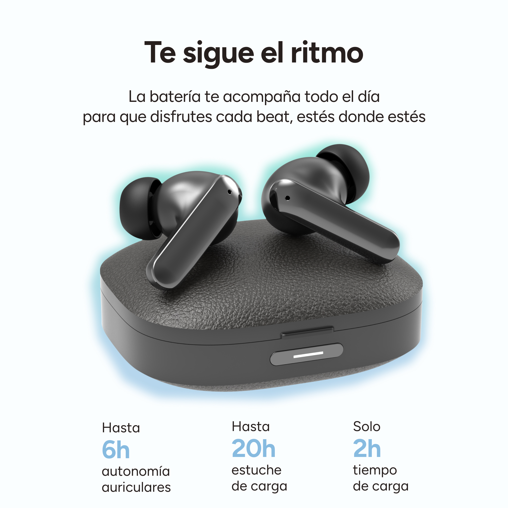 Czarne bezprzewodowe słuchawki na etui ładującym. Tekst mówi 6h pracy na baterii dla słuchawek, 20h dla etui i 2h czasu ładowania.
