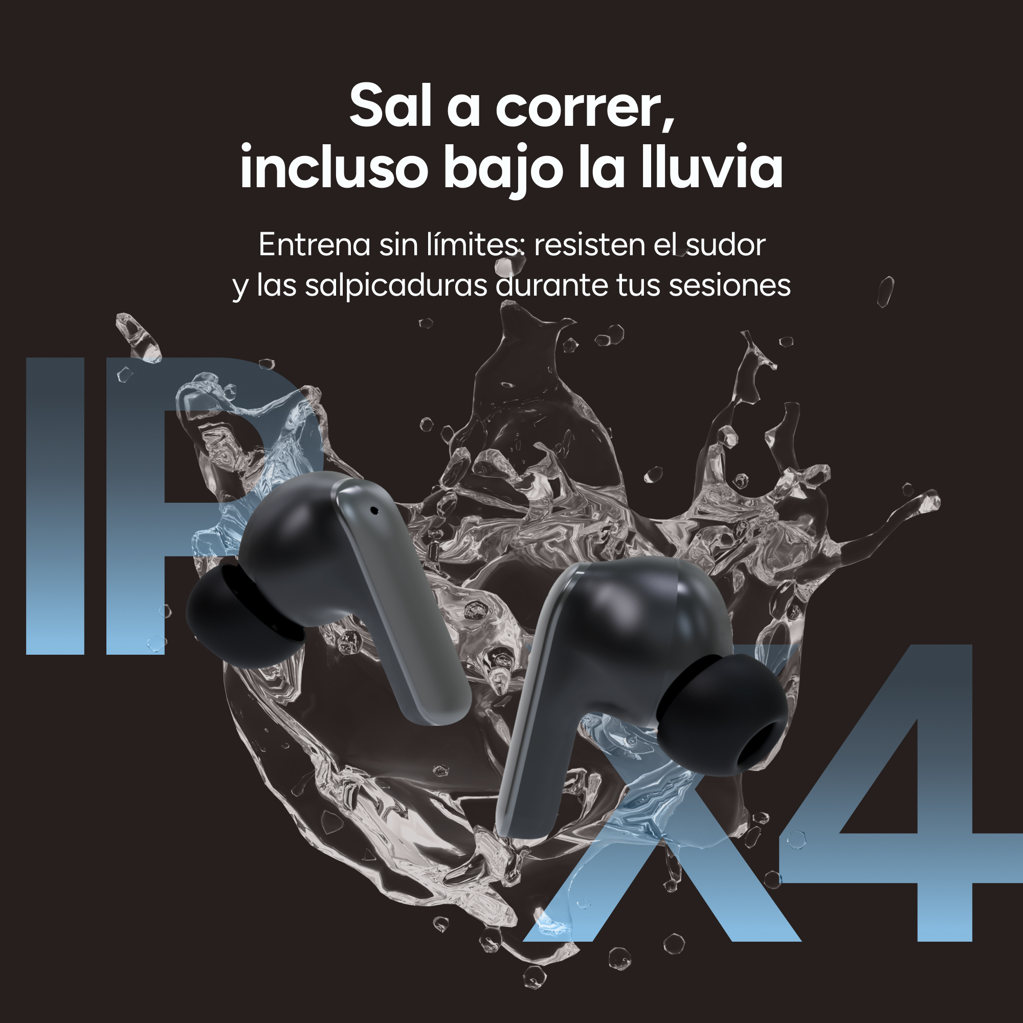 Obraz przedstawia czarne słuchawki z rozpryskami wody. Tekst mówi 'Biegaj, nawet w deszczu'. Widoczna jest klasyfikacja IPX4.