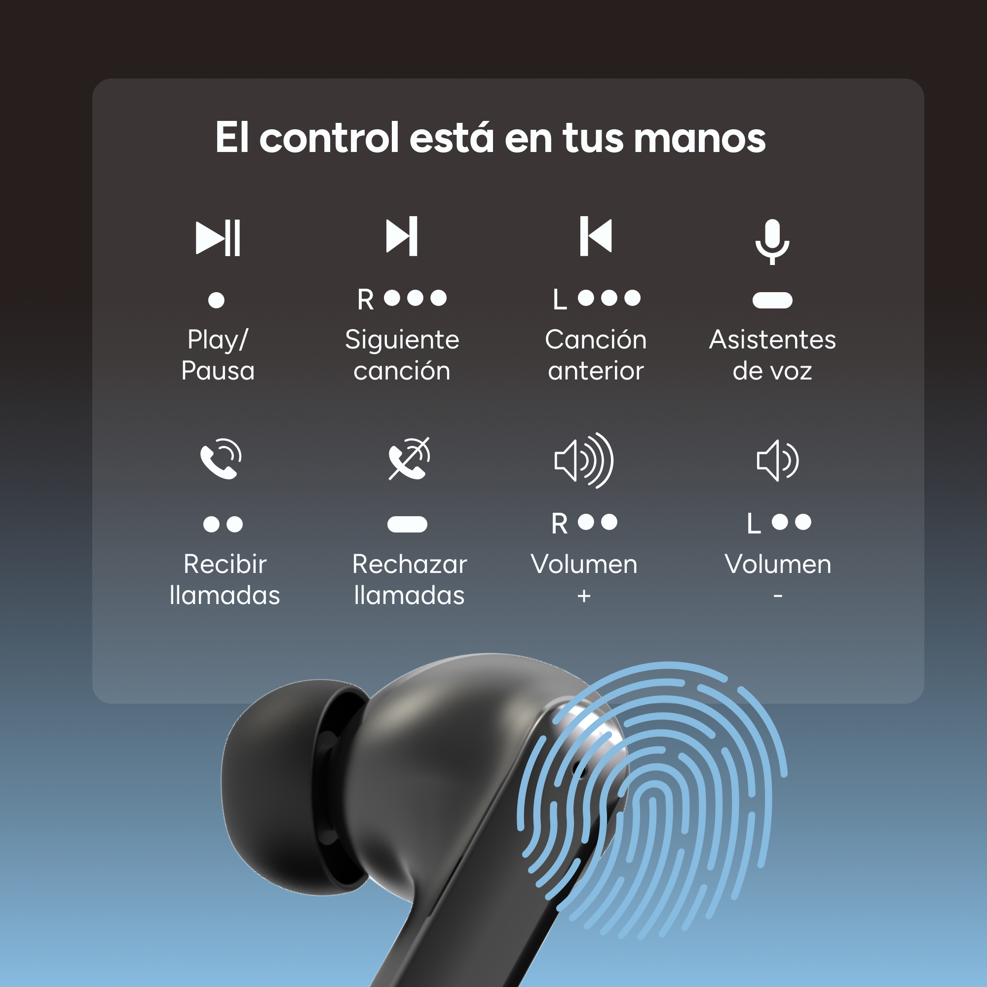 Obrazek przedstawiający czarne słuchawki z ikonami sterowania i odciskiem palca. Tekst mówi, kontrola jest w twoich rękach.