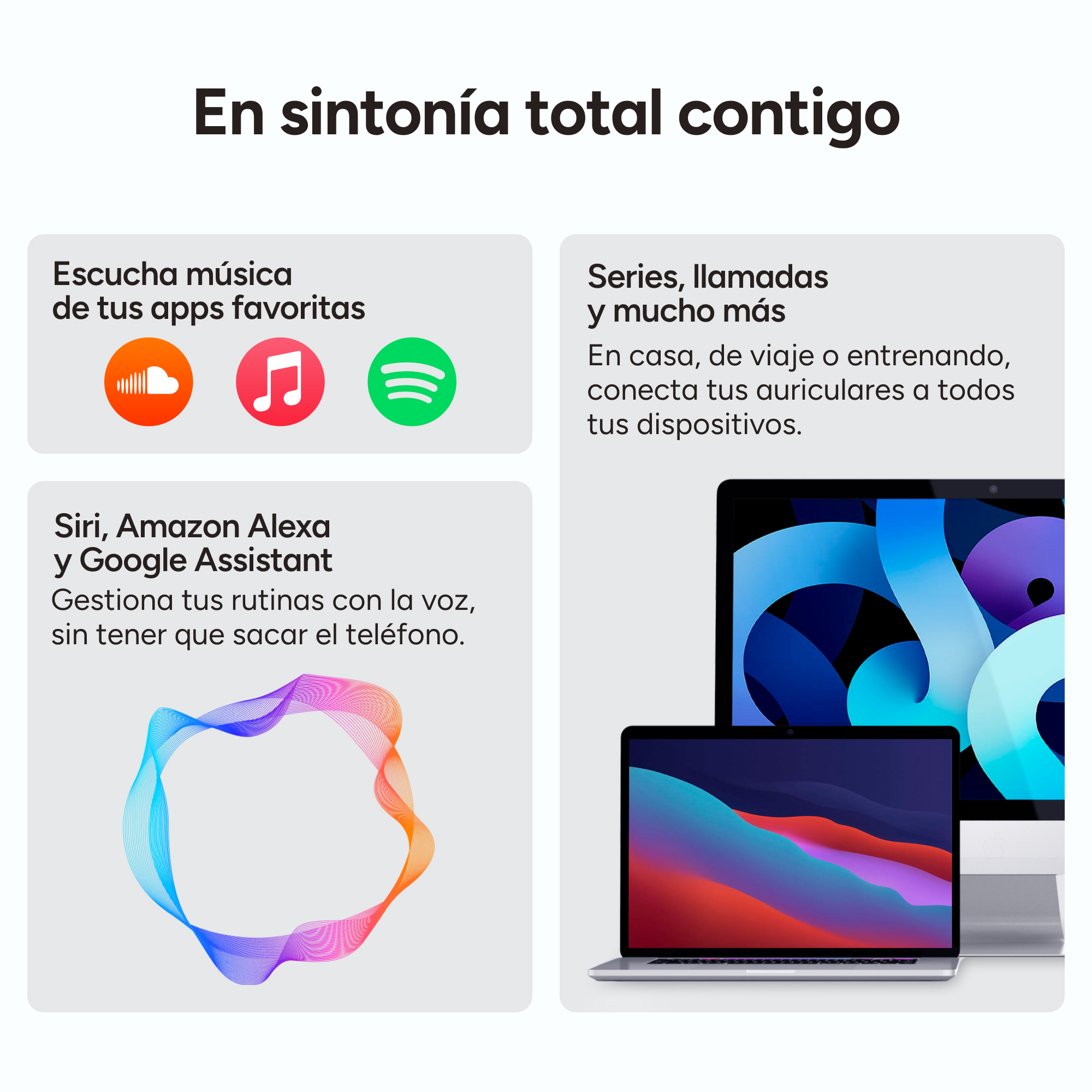 Obraz z tekstem i trzema logo aplikacji oraz dwoma laptopami. Tekst brzmi 'En sintonía total contigo'.