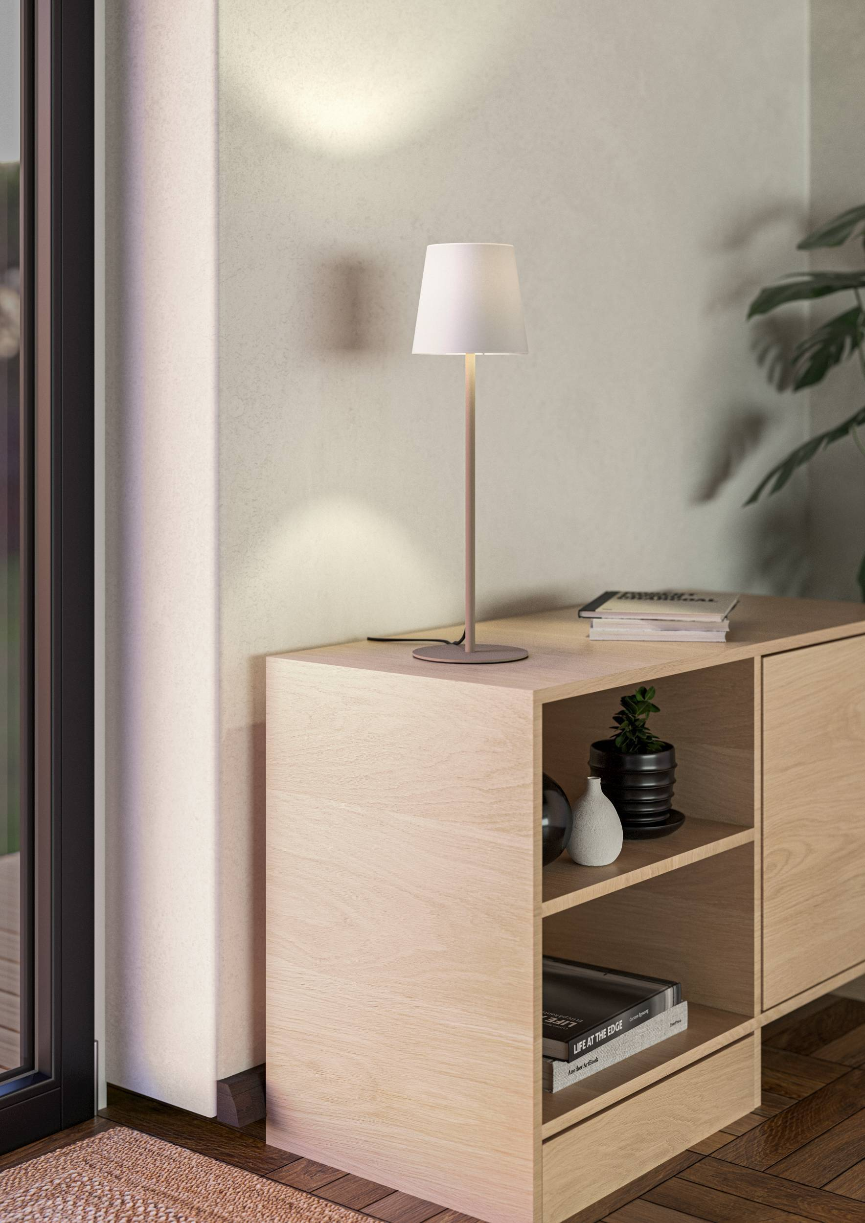 Eine Lampe auf einem Holzschrank mit Büchern und Pflanzen. Links ist eine Tür zu sehen, rechts eine große Pflanze.