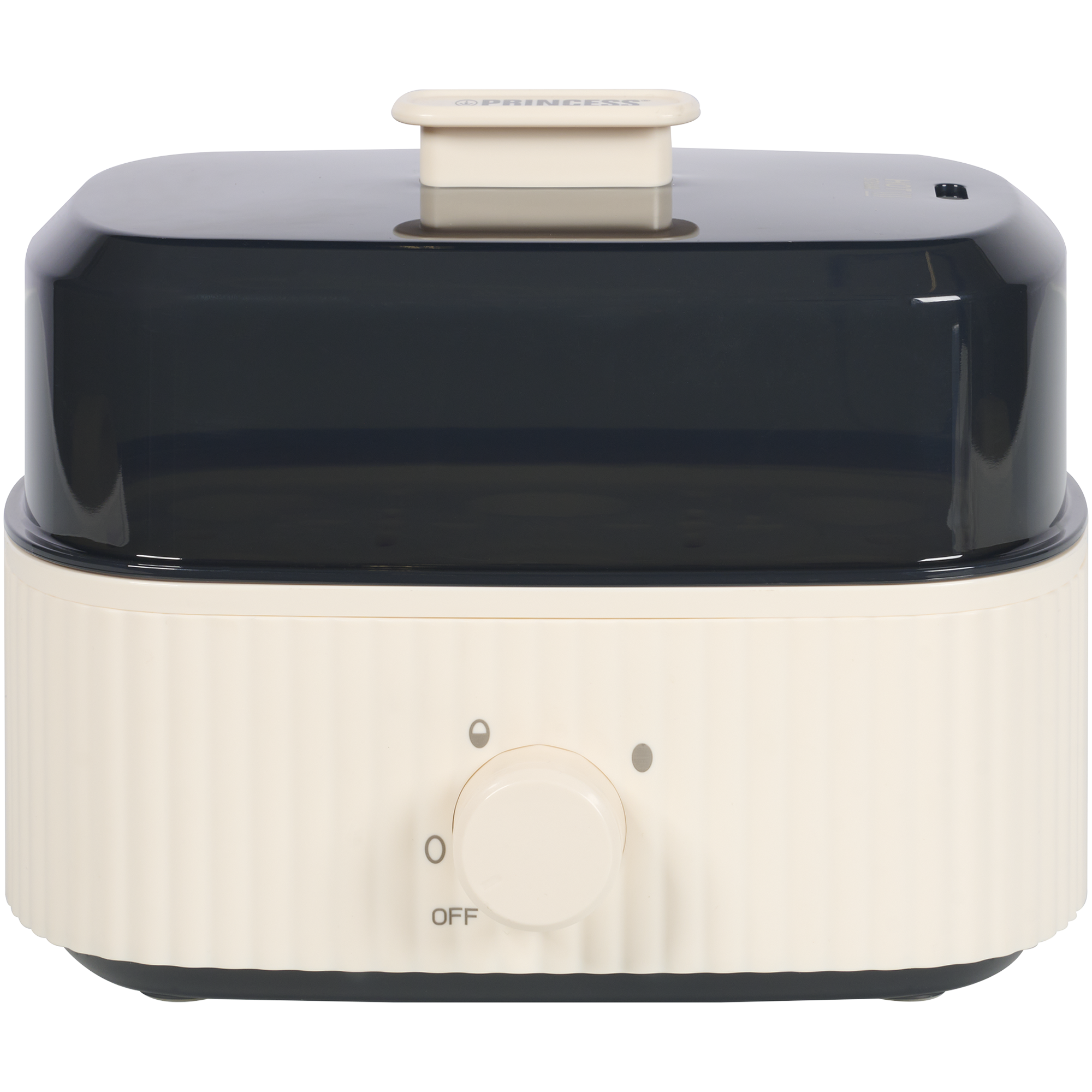 Kremowy i czarny parowar do żywności z pokrętłem i uchwytem z napisem 'PRINCESS'.