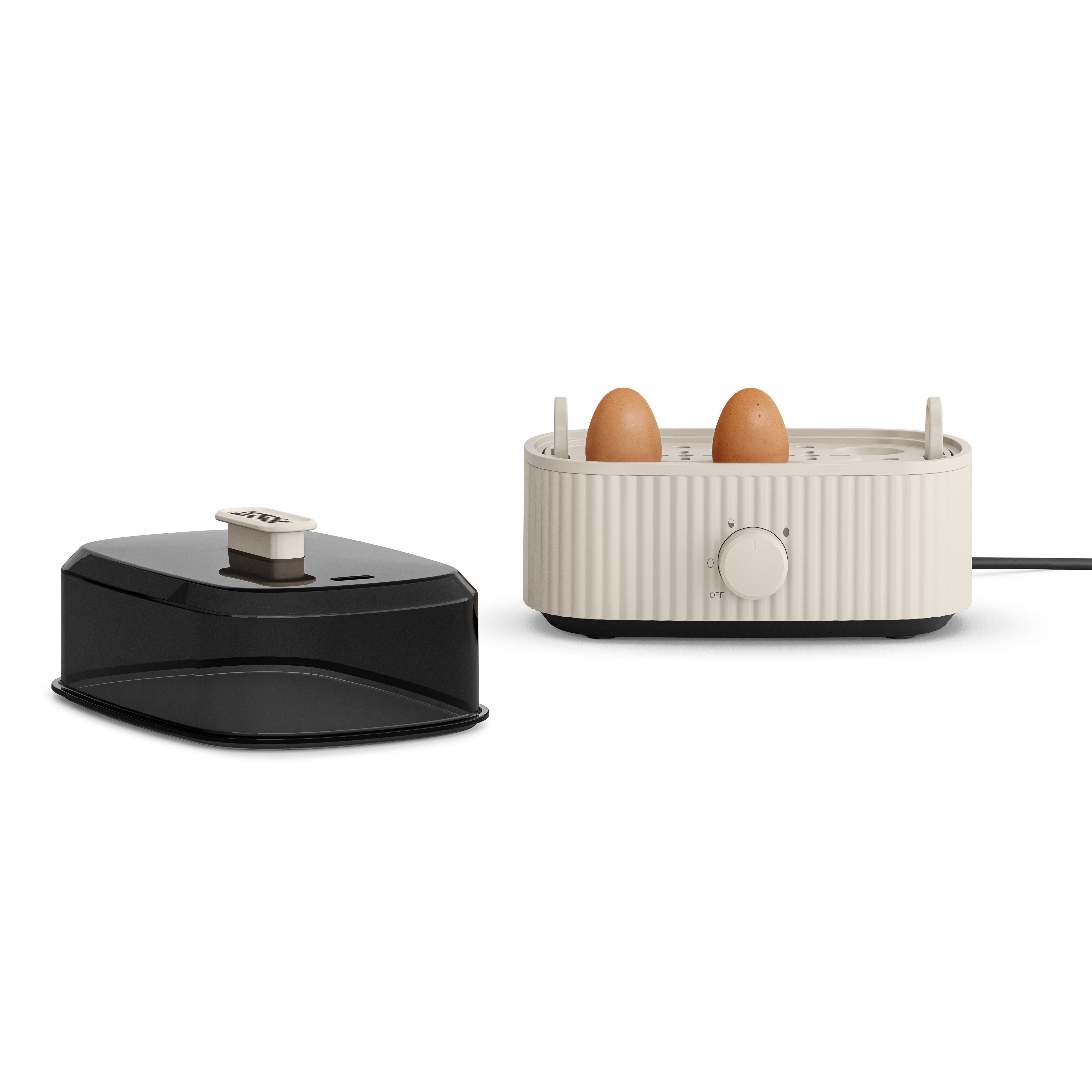 Na białym tle znajduje się urządzenie do gotowania jajek i pokrywka. Urządzenie ma kolor kremowy, dwa jajka i tarczę.