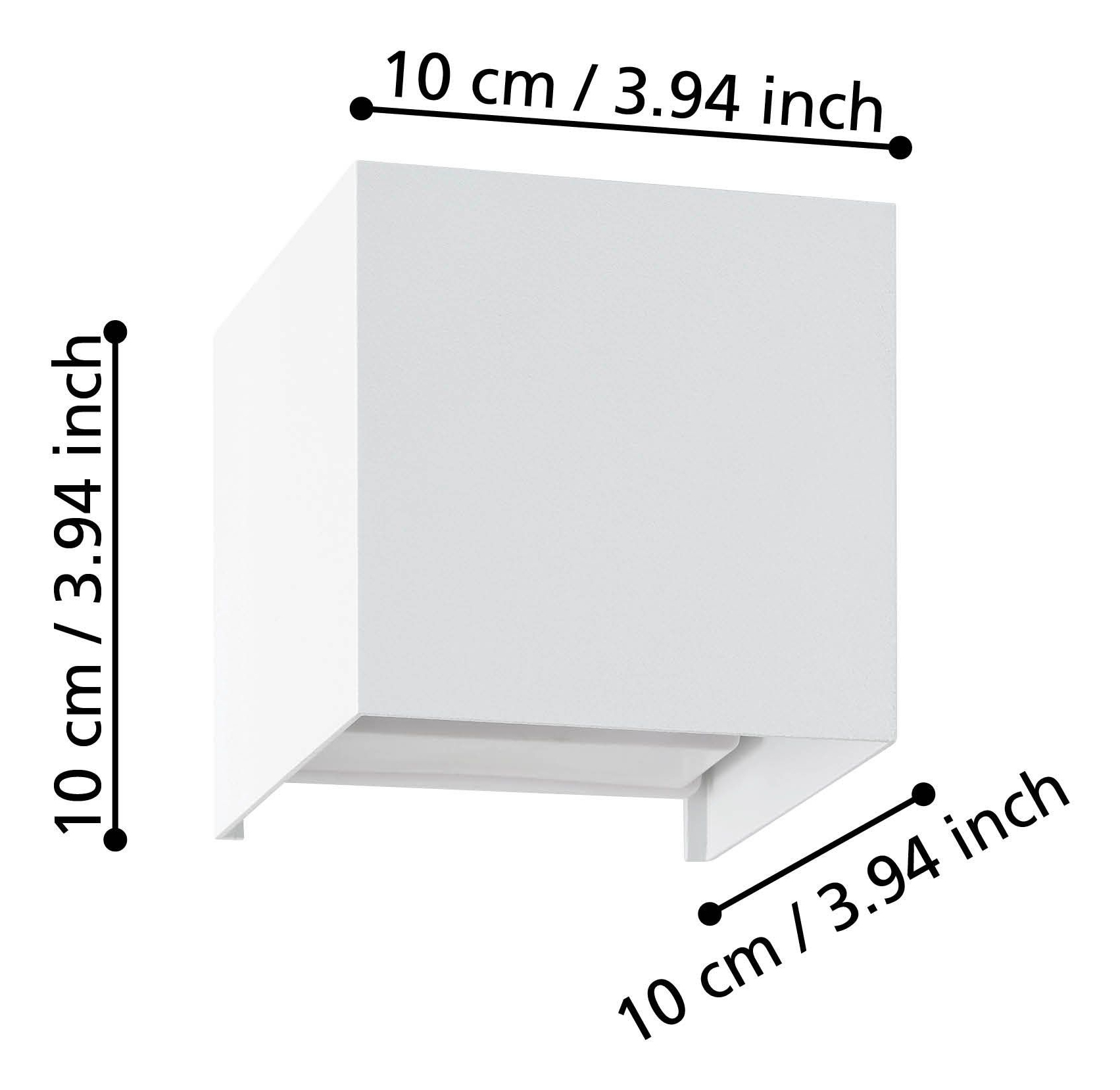 Ein weißes, würfelförmiges Objekt mit den Maßen 10 cm / 3,94 Zoll. Die Maße sind an den Seiten angegeben.