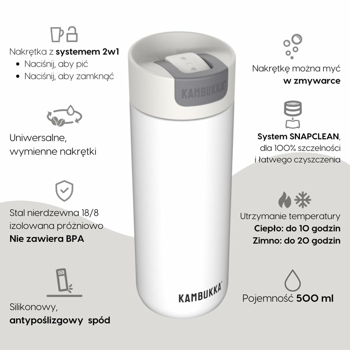 Biały termos Kambukka z szarą pokrywką. Tekst podkreśla cechy takie jak 500 ml, 10 godzin ciepła i możliwość mycia w zmywarce.