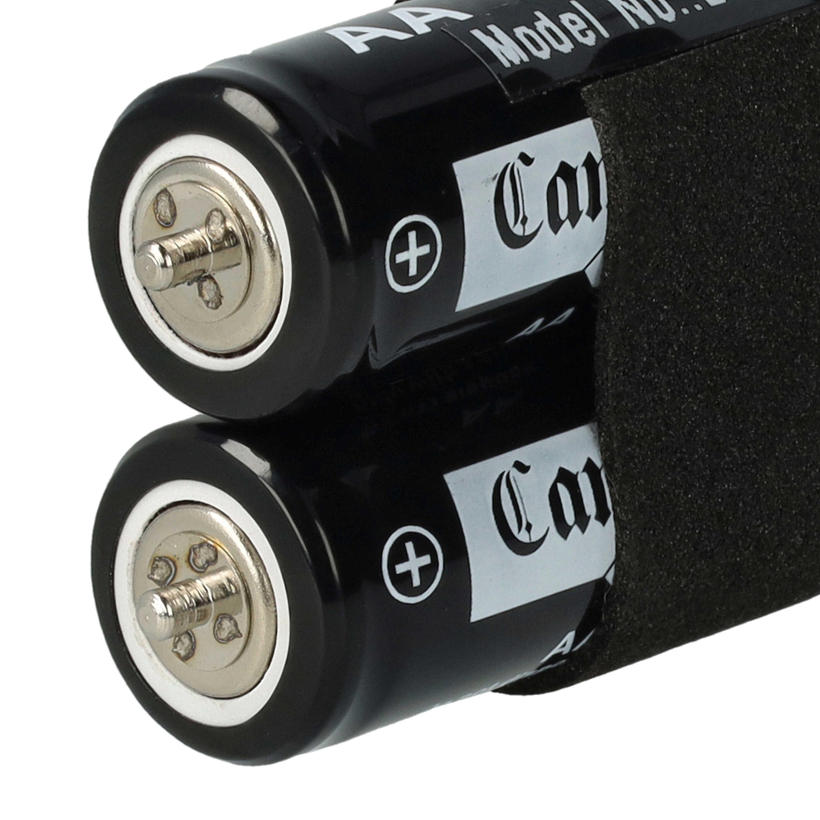 Zwei schwarze AA-Batterien sind teilweise sichtbar. Jede hat ein Pluszeichen und das Wort 'Can' aufgedruckt.