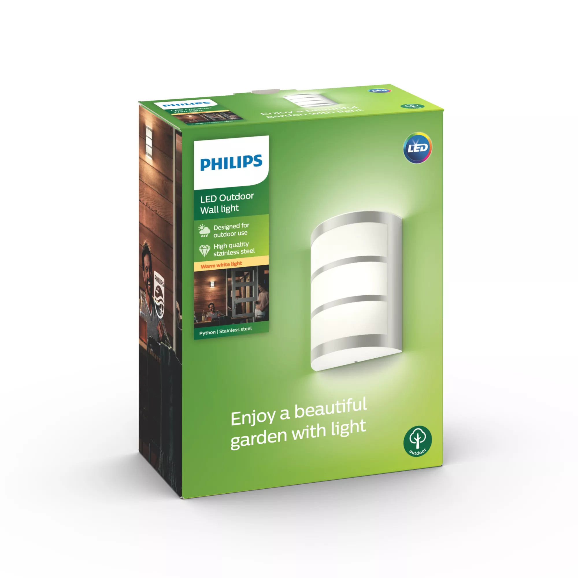 Eine grüne und weiße Philips LED-Außenwandleuchte. Die Leuchte wird auf der Box angezeigt. Text enthält Philips, LED und Außenbereich.