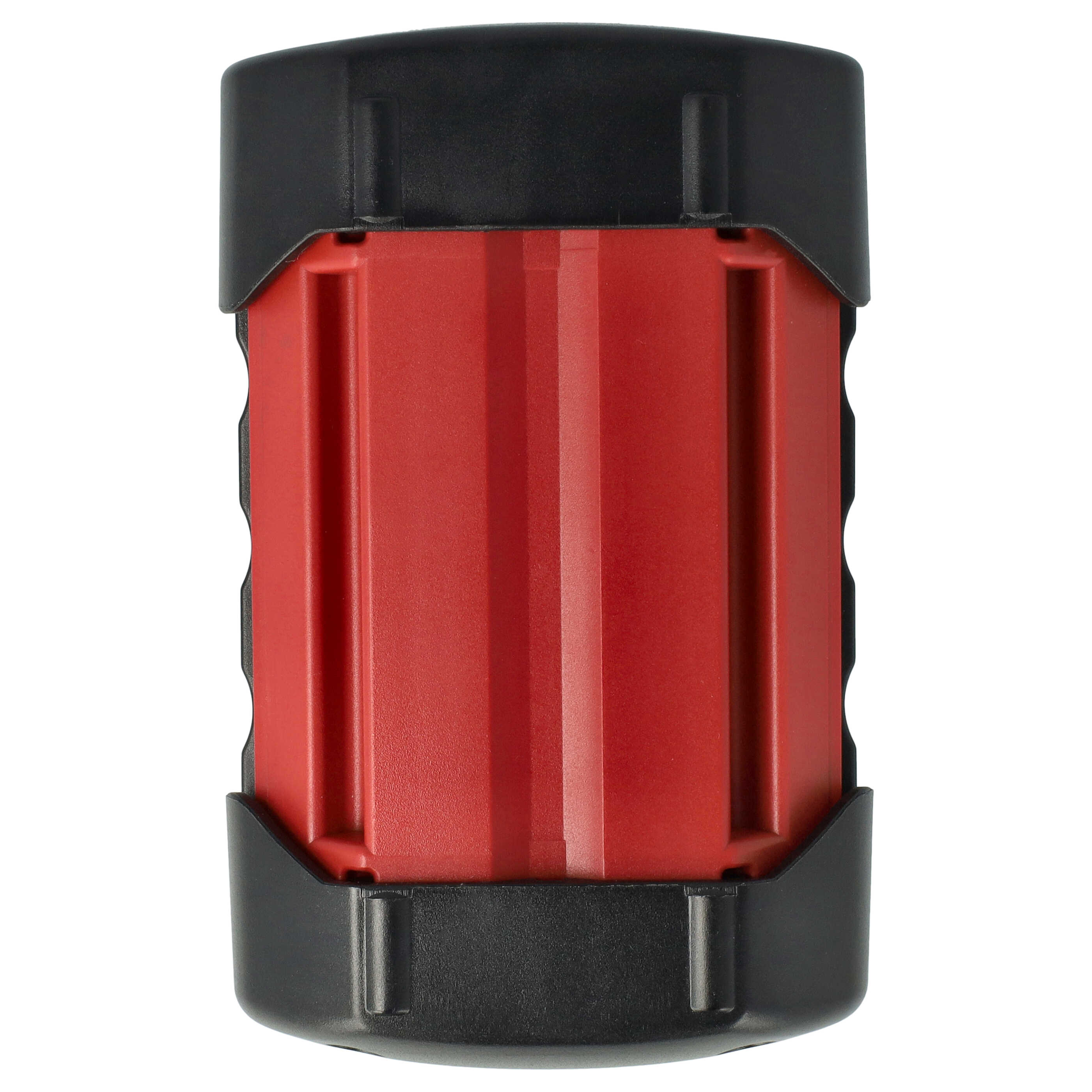 Ein rotes und schwarzes rechteckiges Objekt, möglicherweise ein Werkzeug oder eine Batterie. Schwarze Kappen oben und unten, roter geriffelter Mittelteil.