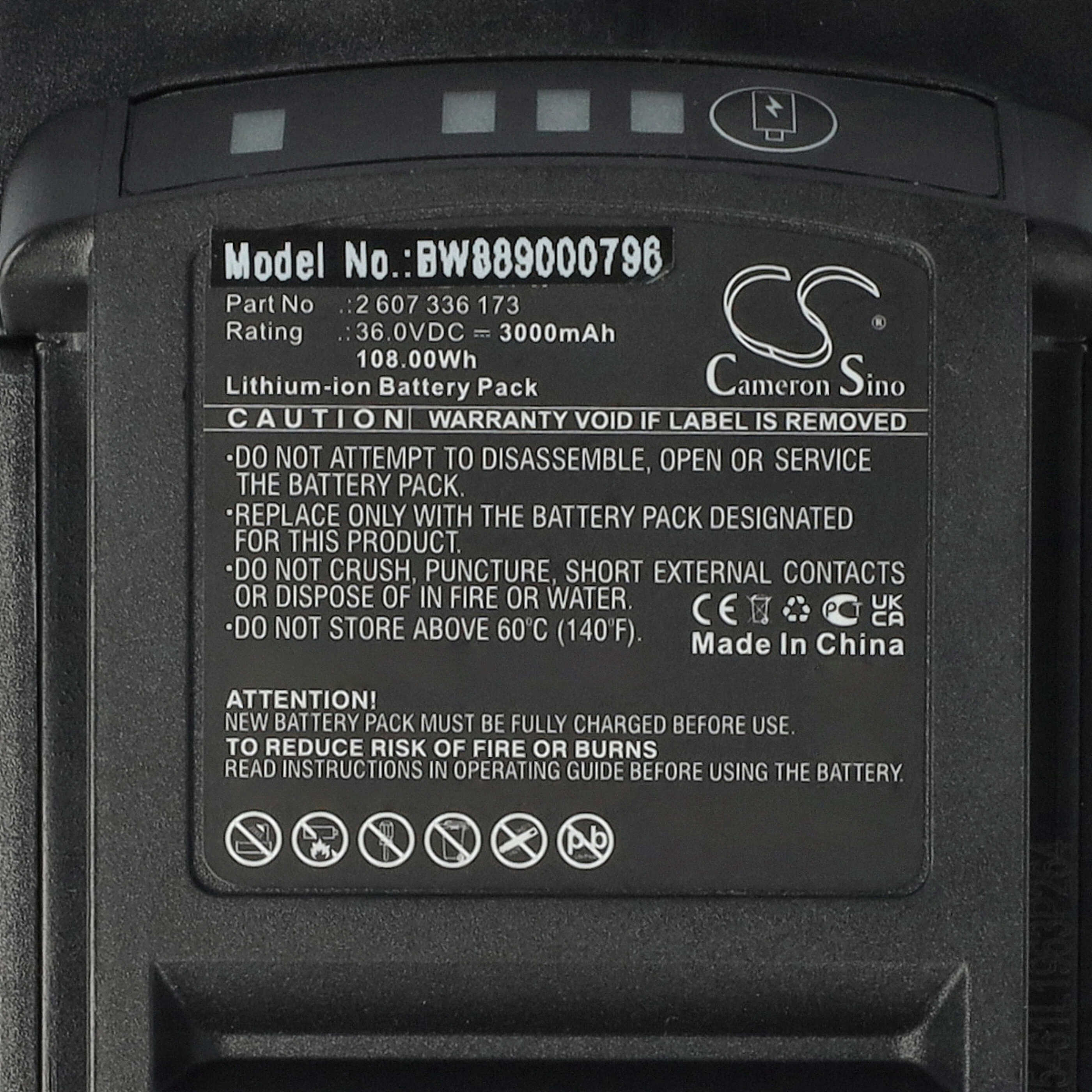 Nahaufnahme eines Batteriepack-Etiketts mit Text, Warnhinweisen und Spezifikationen. Modell-Nr., Teilenr. und Cameron Sino-Logo sind sichtbar.