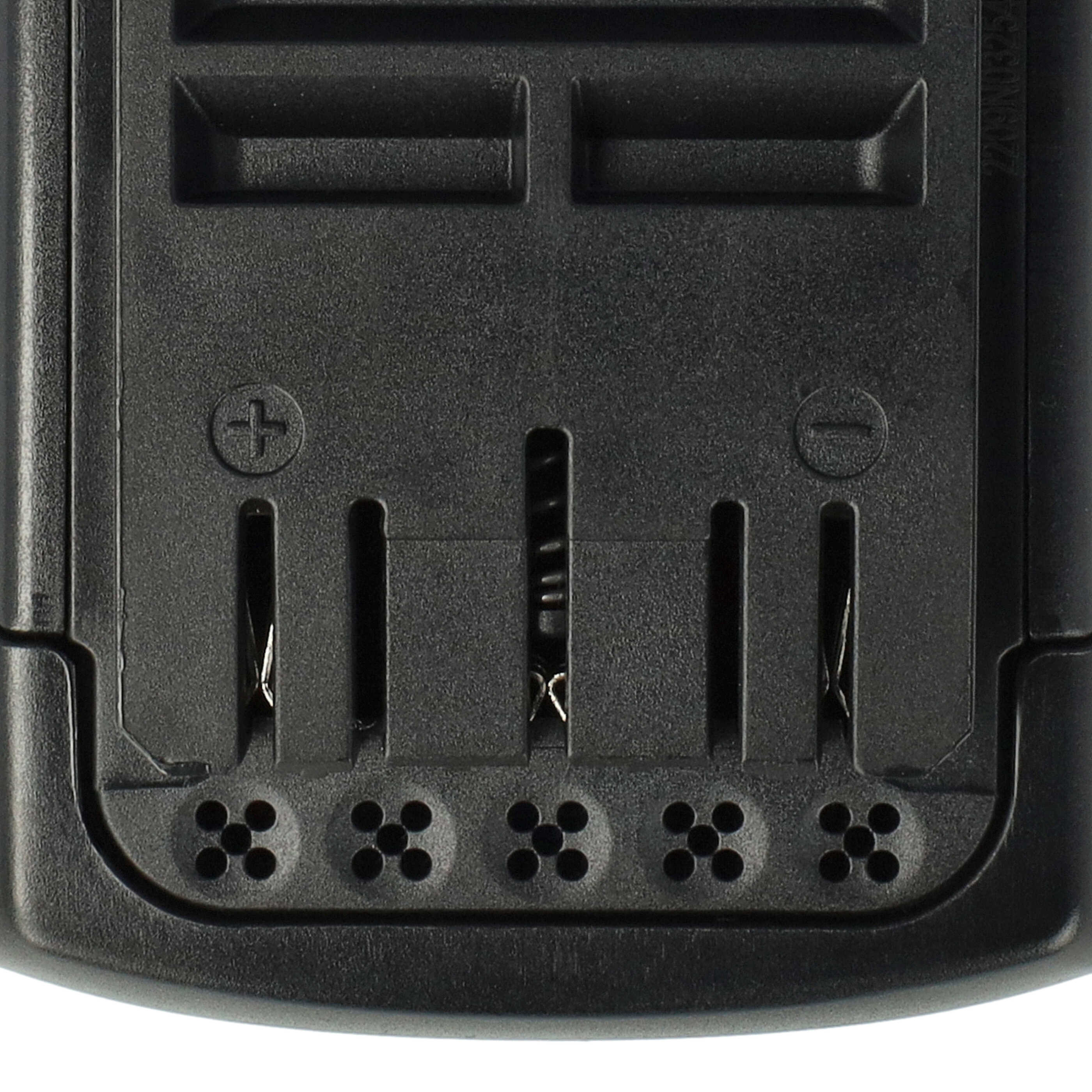 Nahaufnahme eines schwarzen Kunststoffgeräts mit Batteriefach, Kontakten und Lüftungslöchern.