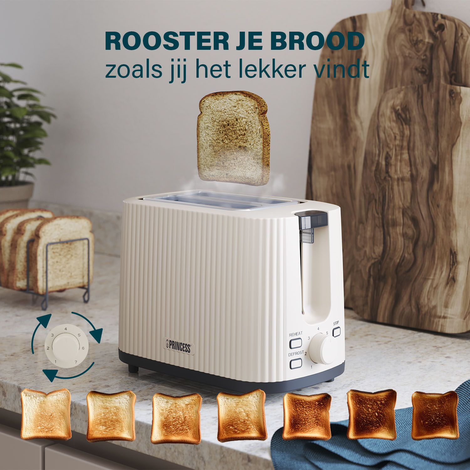 Kremowy toster z wyskakującą kromką tostów. Wyświetlane są warianty tostów. Tekst: 'Rooster je brood zoals jij het lekker vindt'.