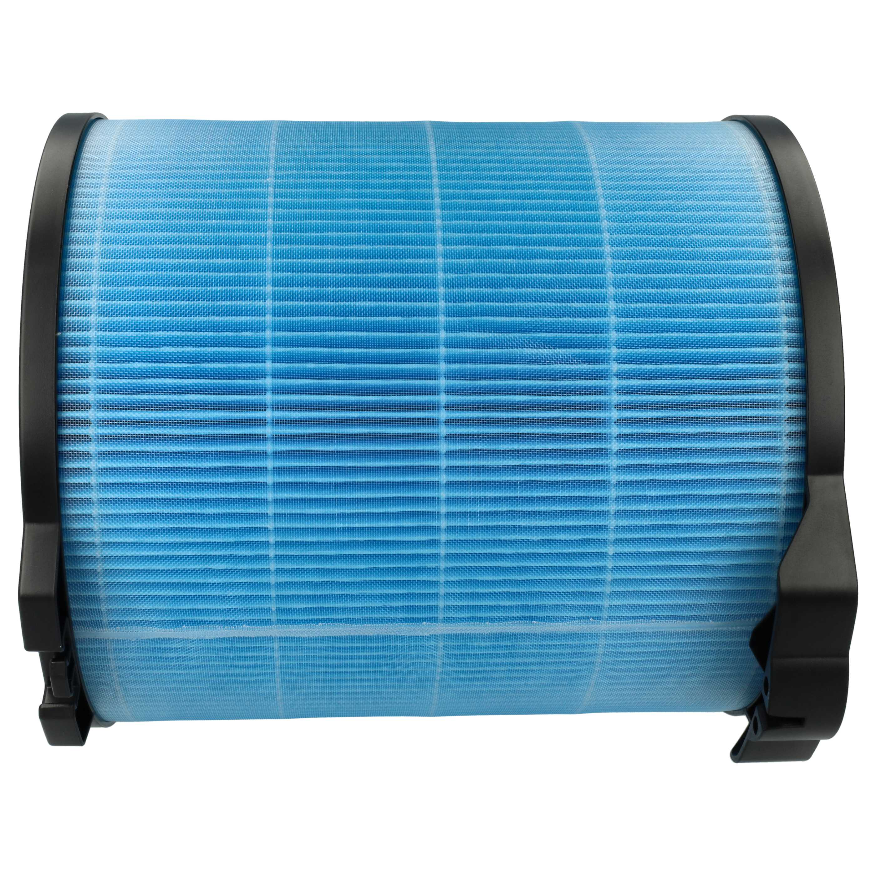 Ein zylindrischer blauer Luftfilter mit schwarzen Kunststoffendkappen. Der Filter hat ein gitterartiges Muster.