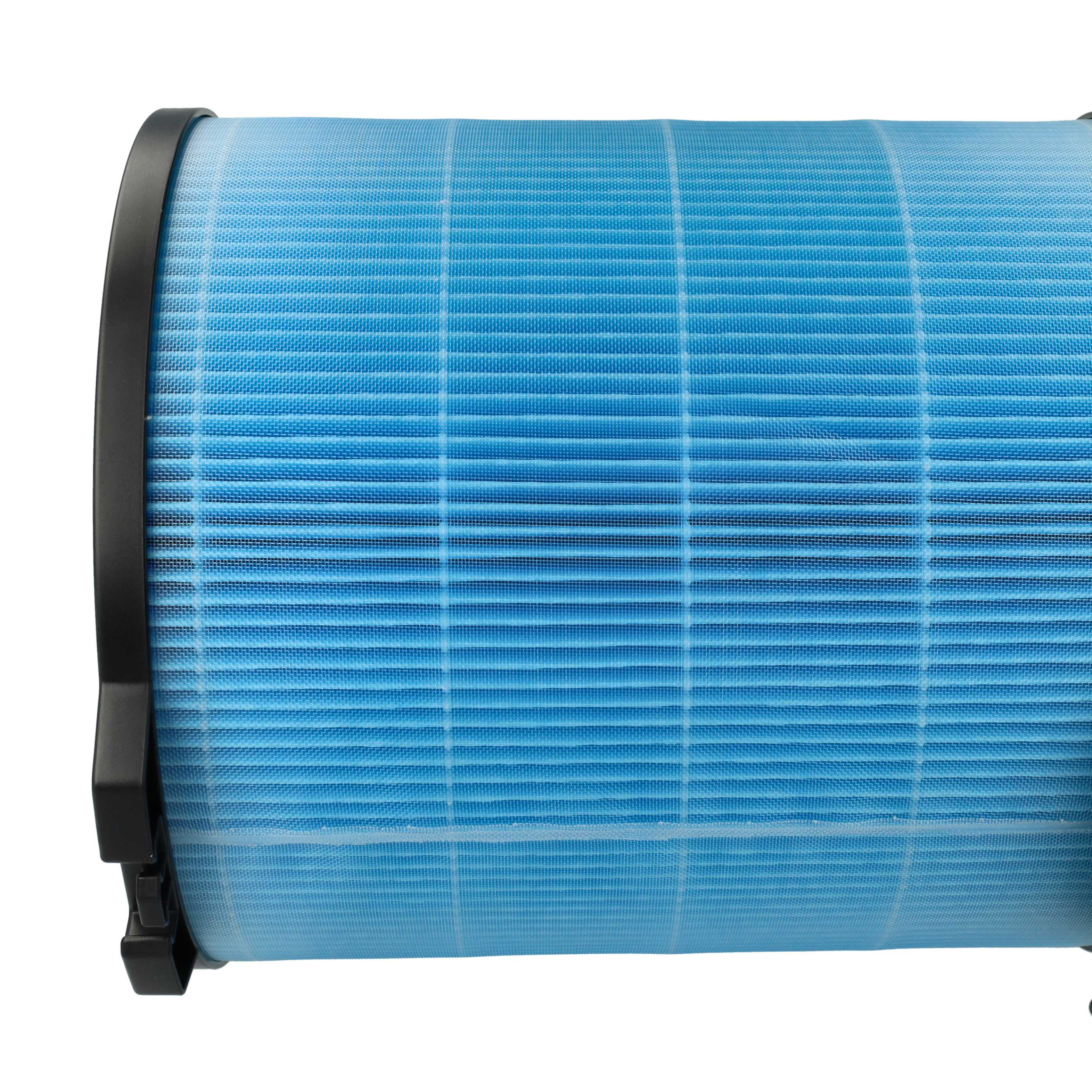Ein blauer zylindrischer Luftfilter mit schwarzem Rahmen vor weißem Hintergrund. Der Filter hat ein Gittermuster.
