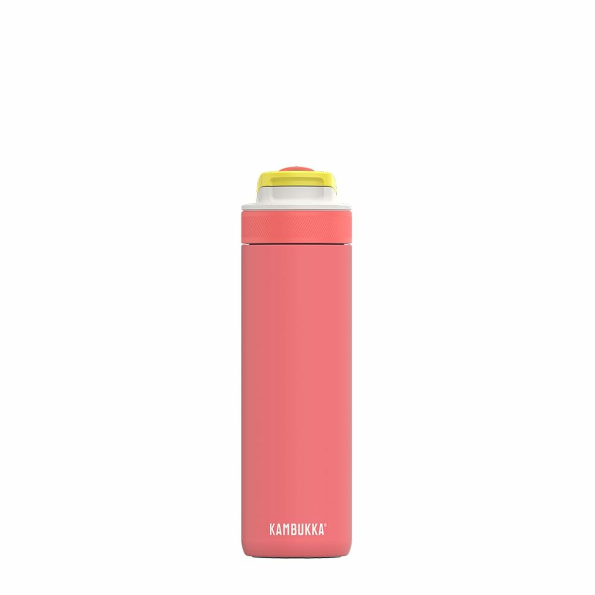 Eine pinkfarbene Kambukka-Trinkflasche mit gelbem und weißem Deckel, vor weißem Hintergrund.