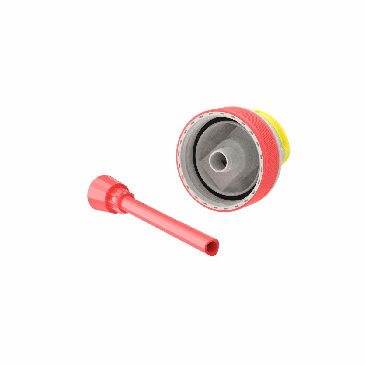 Eine rote Kunststoffkomponente und eine rot-gelbe Kappe befinden sich auf weißem Hintergrund. Die Kappe hat ein kreisförmiges Design. Die Komponente ist rohrförmig.