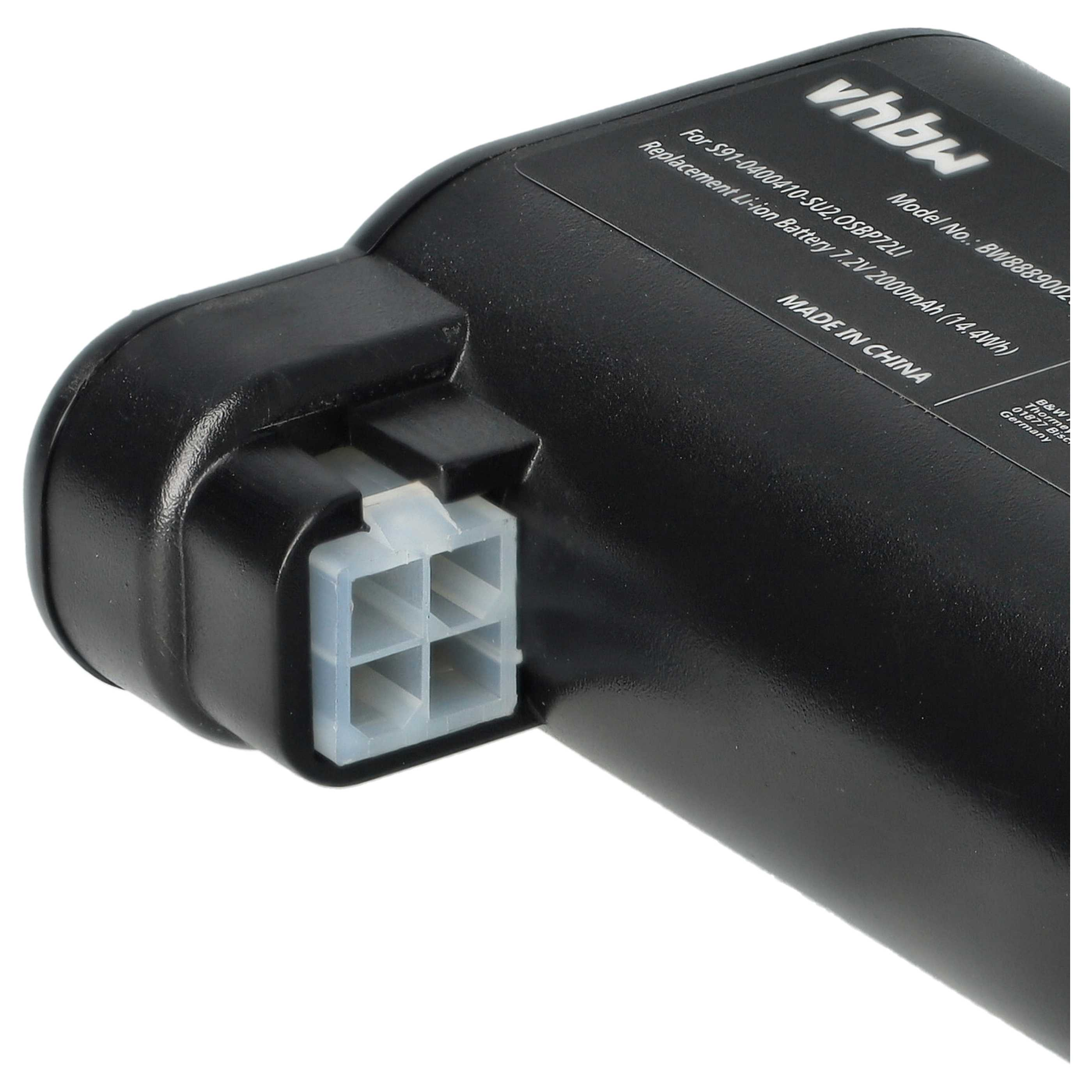 Ein schwarzer Akku mit weißem Stecker. Auf dem Akku steht 'vhbw', 'Made in China' und Spezifikationen.