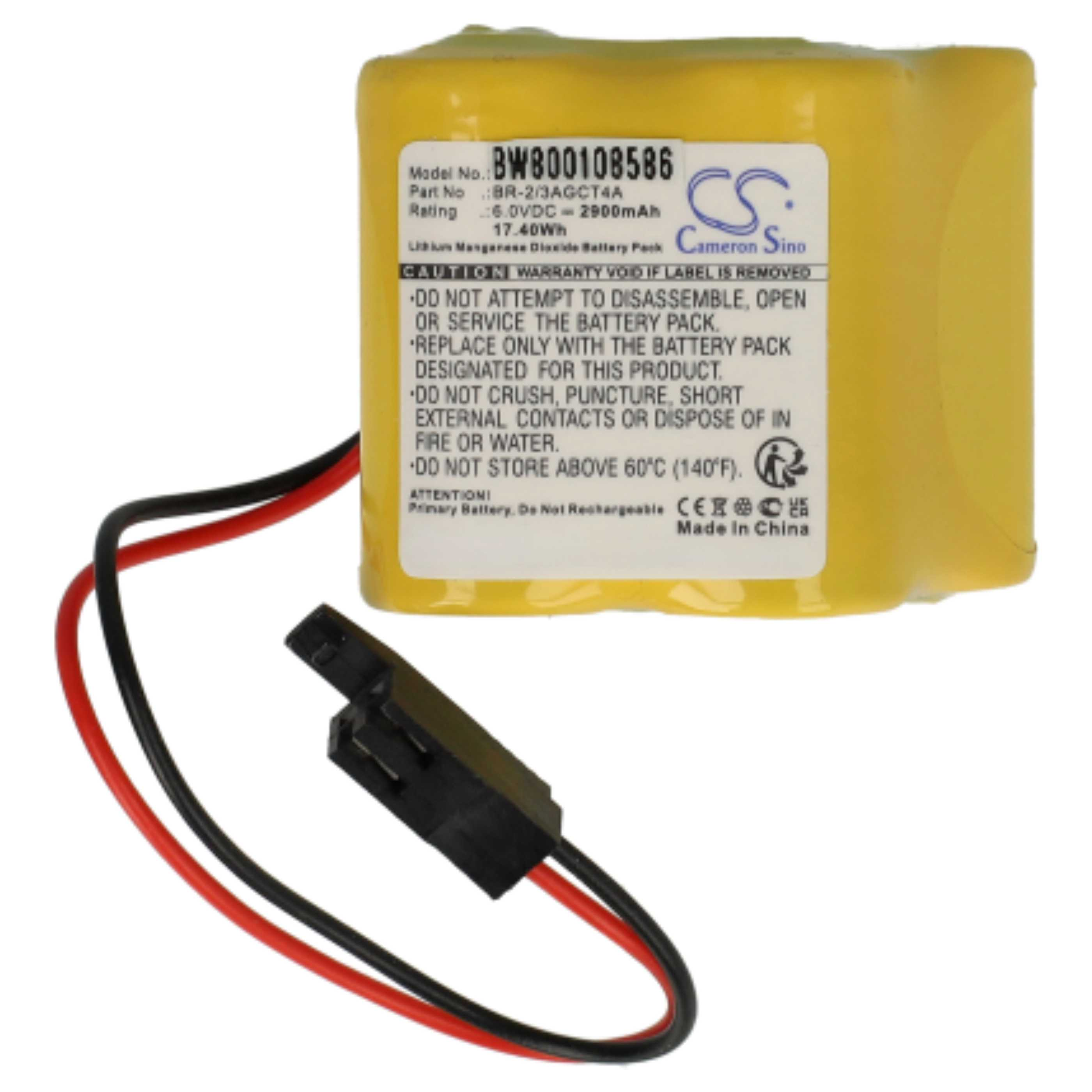 Gelbe Batterie mit Etikett, schwarz-rote Drähte und ein schwarzer Stecker.