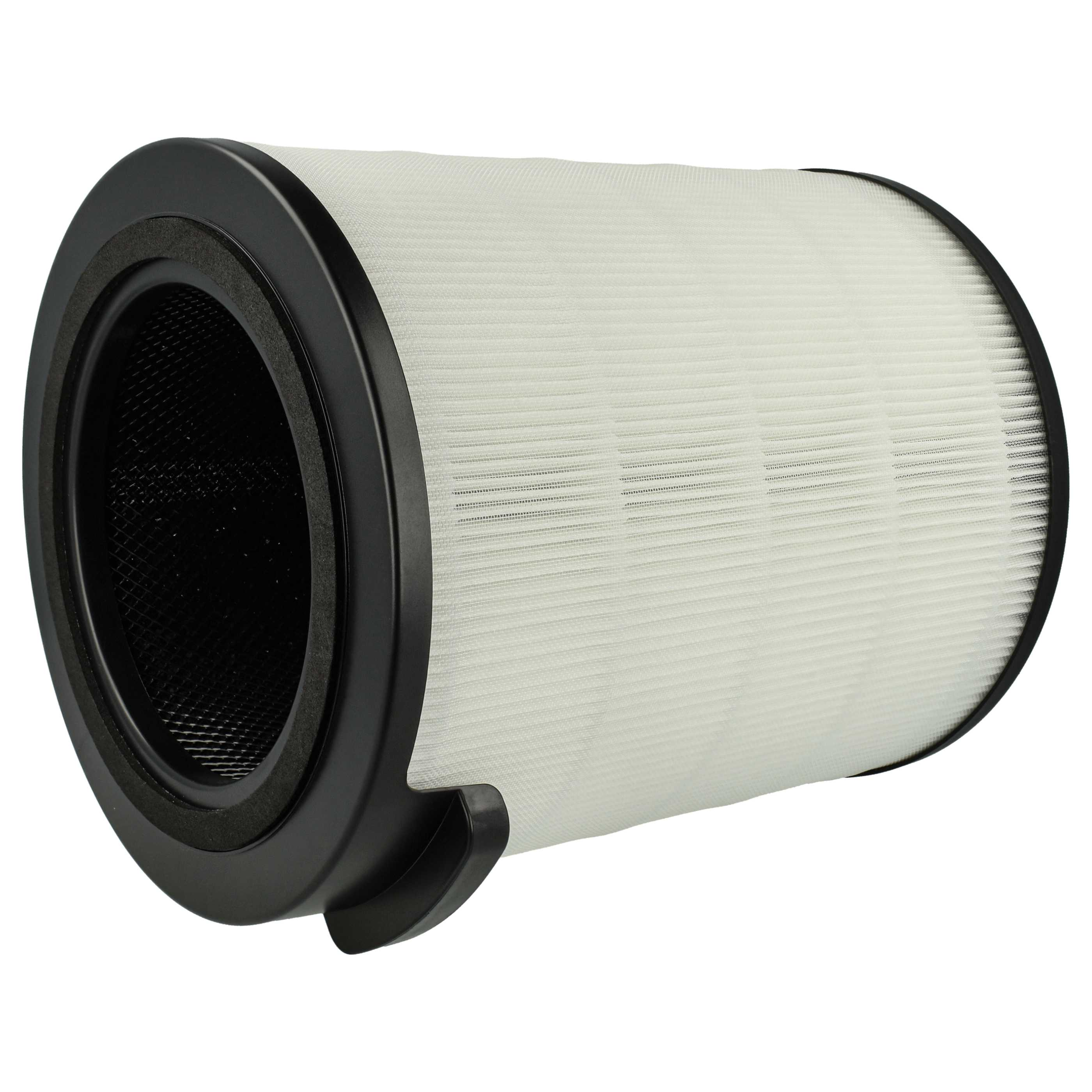Ein zylindrischer Luftfilter. Er hat ein weißes, strukturiertes Filtermedium, umgeben von schwarzem Kunststoff.