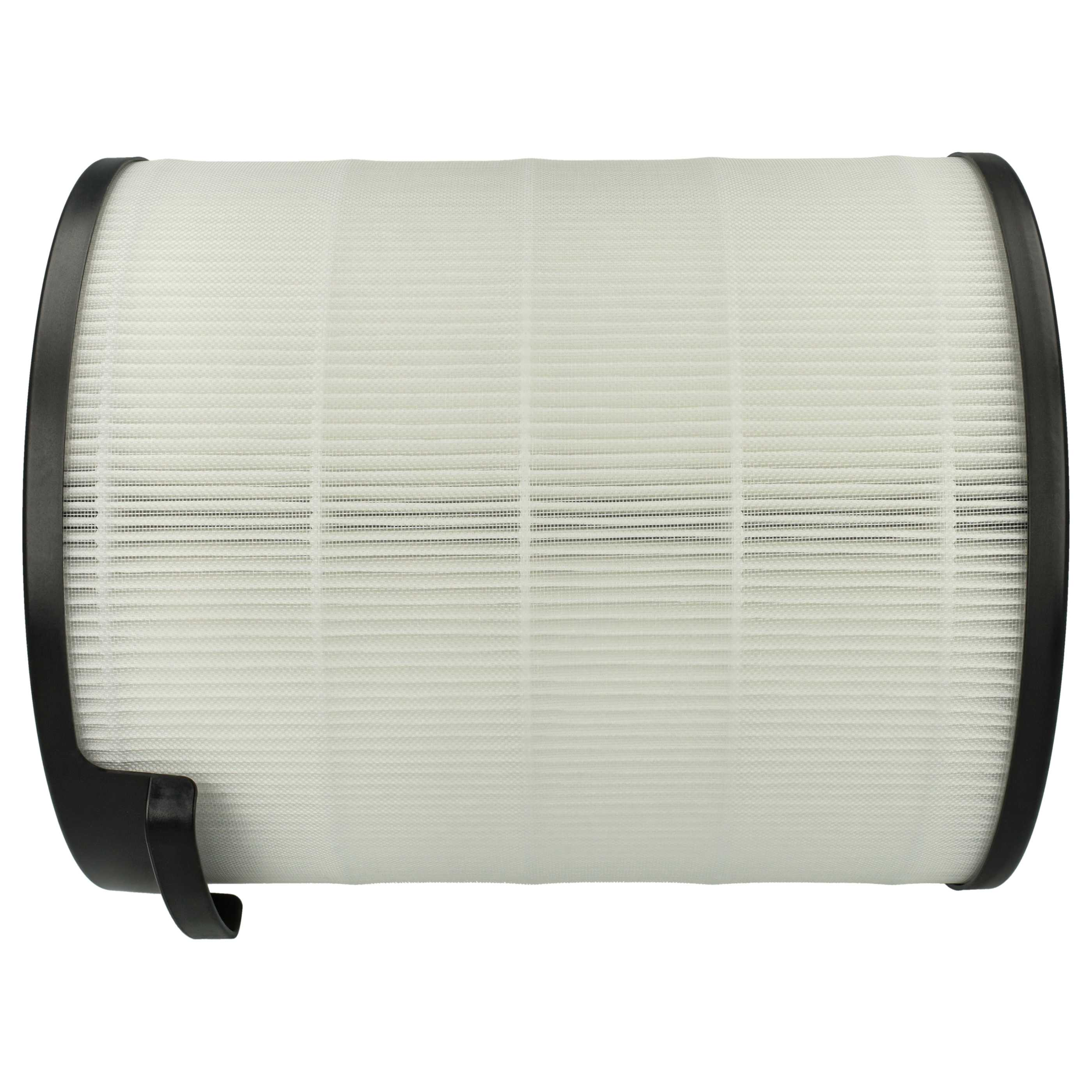 Ein weißer zylindrischer Luftfilter mit schwarzem Rand. Der Filter besteht aus einem porösen Material mit vielen feinen Linien.