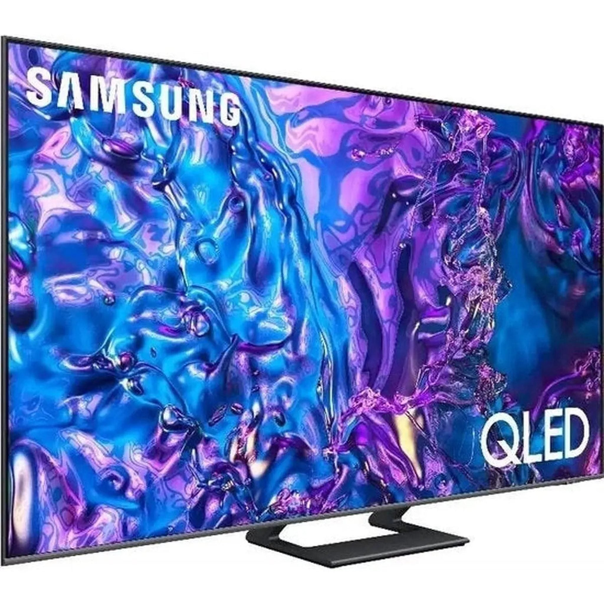 Een Samsung QLED-tv toont een wervelende abstracte afbeelding in blauw en paars. De logo's van Samsung en QLED zijn zichtbaar.
