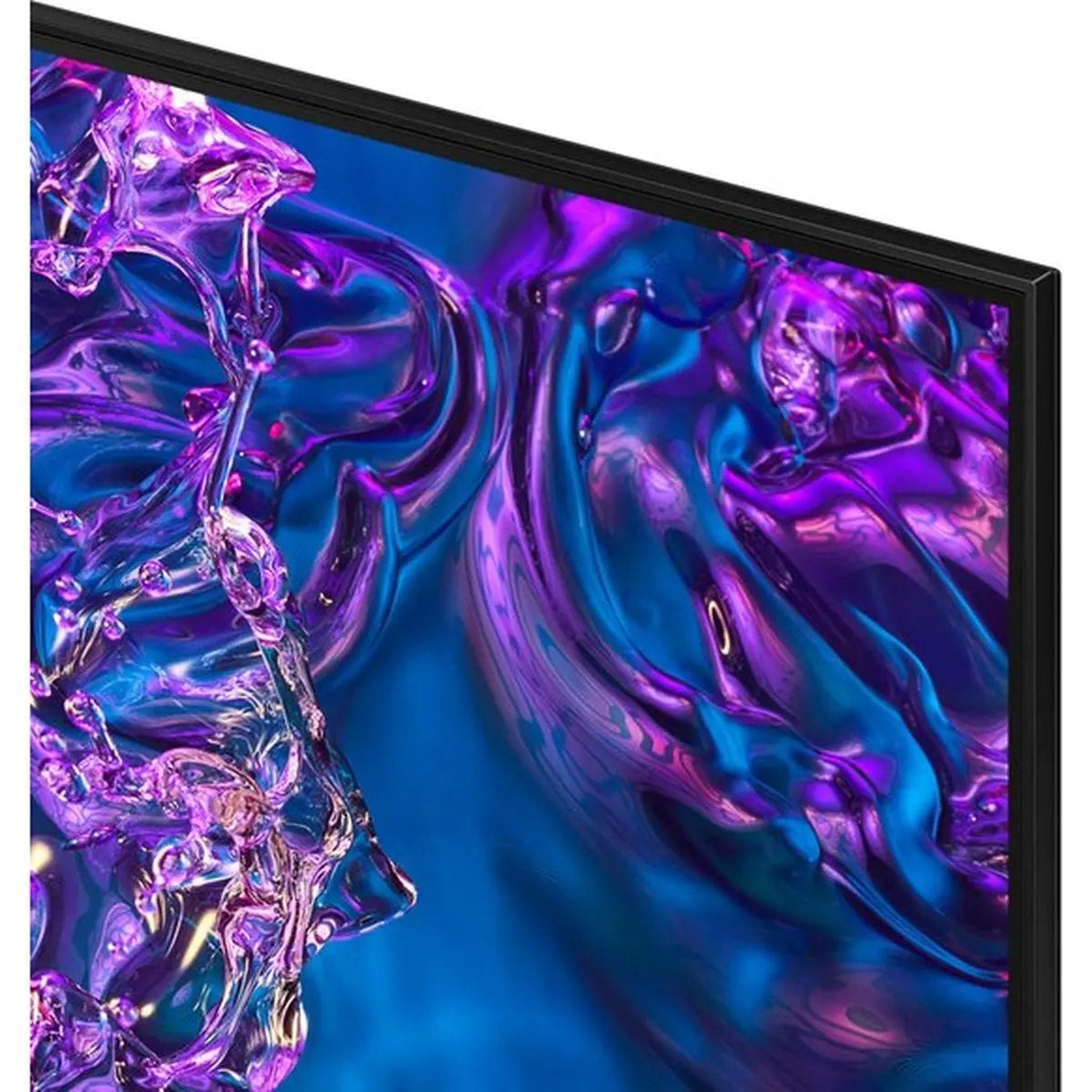Close-up van een tv-scherm met abstracte kunst met wervelende blauwe, paarse en violette kleuren. Het scherm is zwart omlijst.