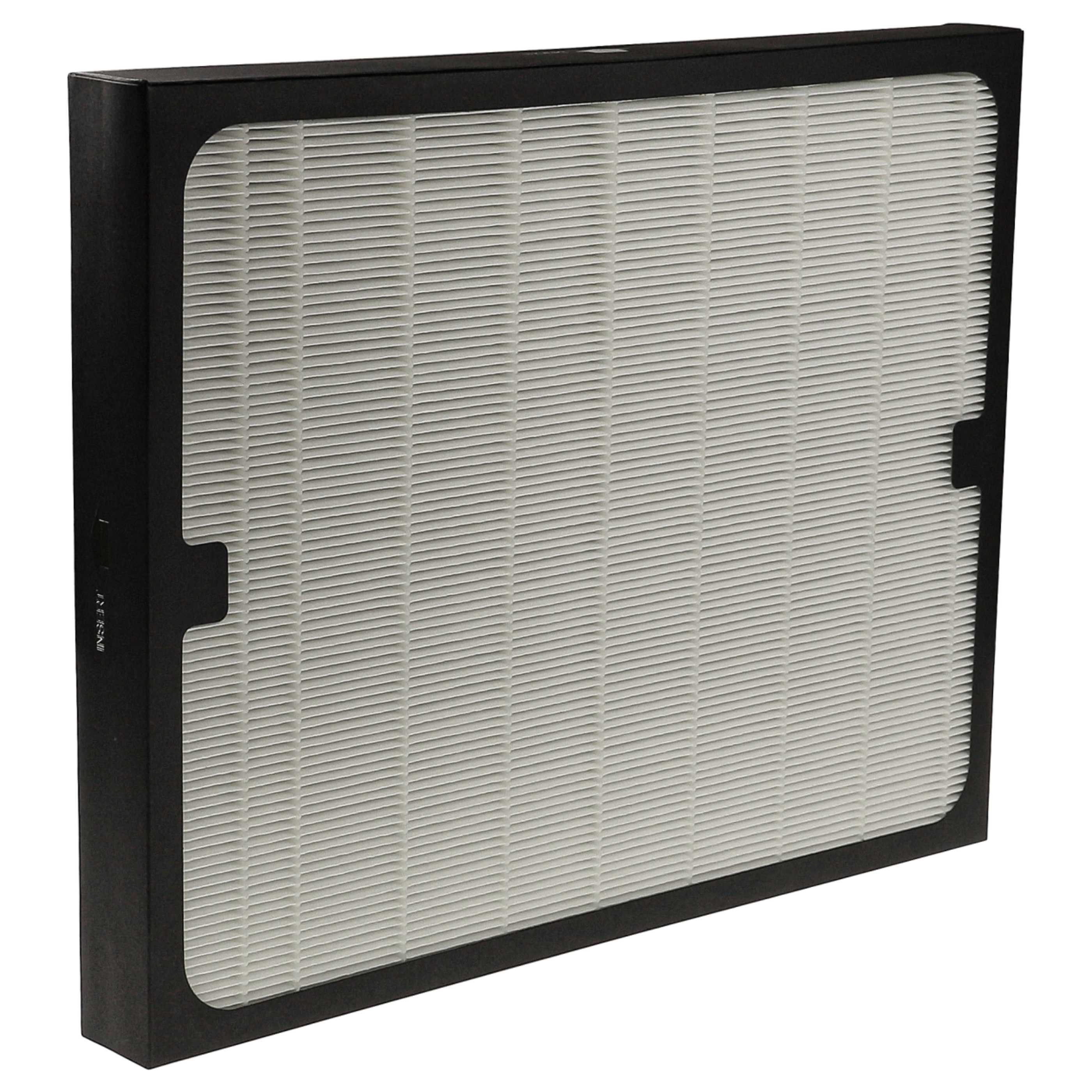 Ein rechteckiger Luftfilter mit schwarzem Rahmen und weißem, plissiertem Filtermaterial.