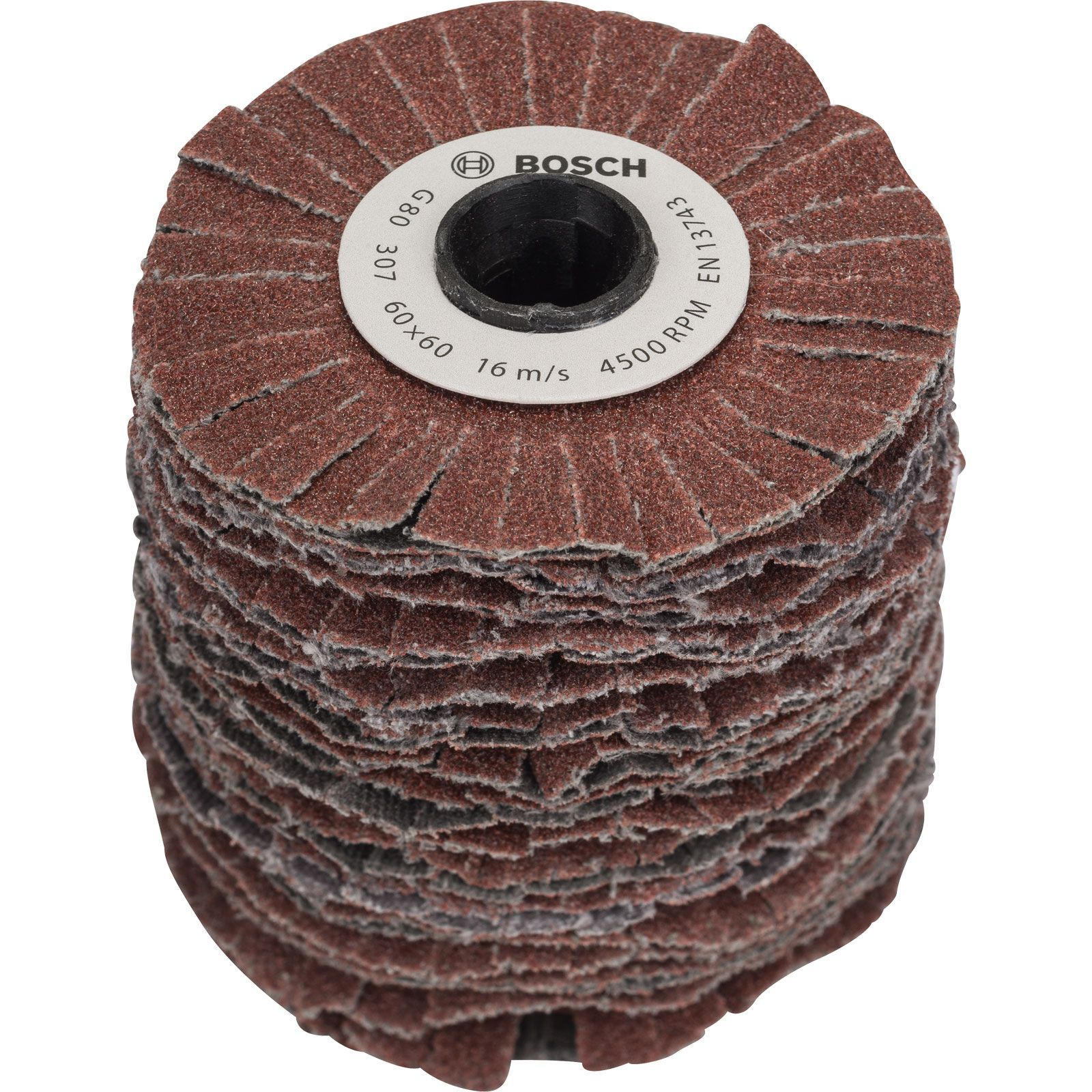 Stos tarcz ściernych z logo Bosch. Każda tarcza jest brązowa z białym pierścieniem centralnym z tekstem.